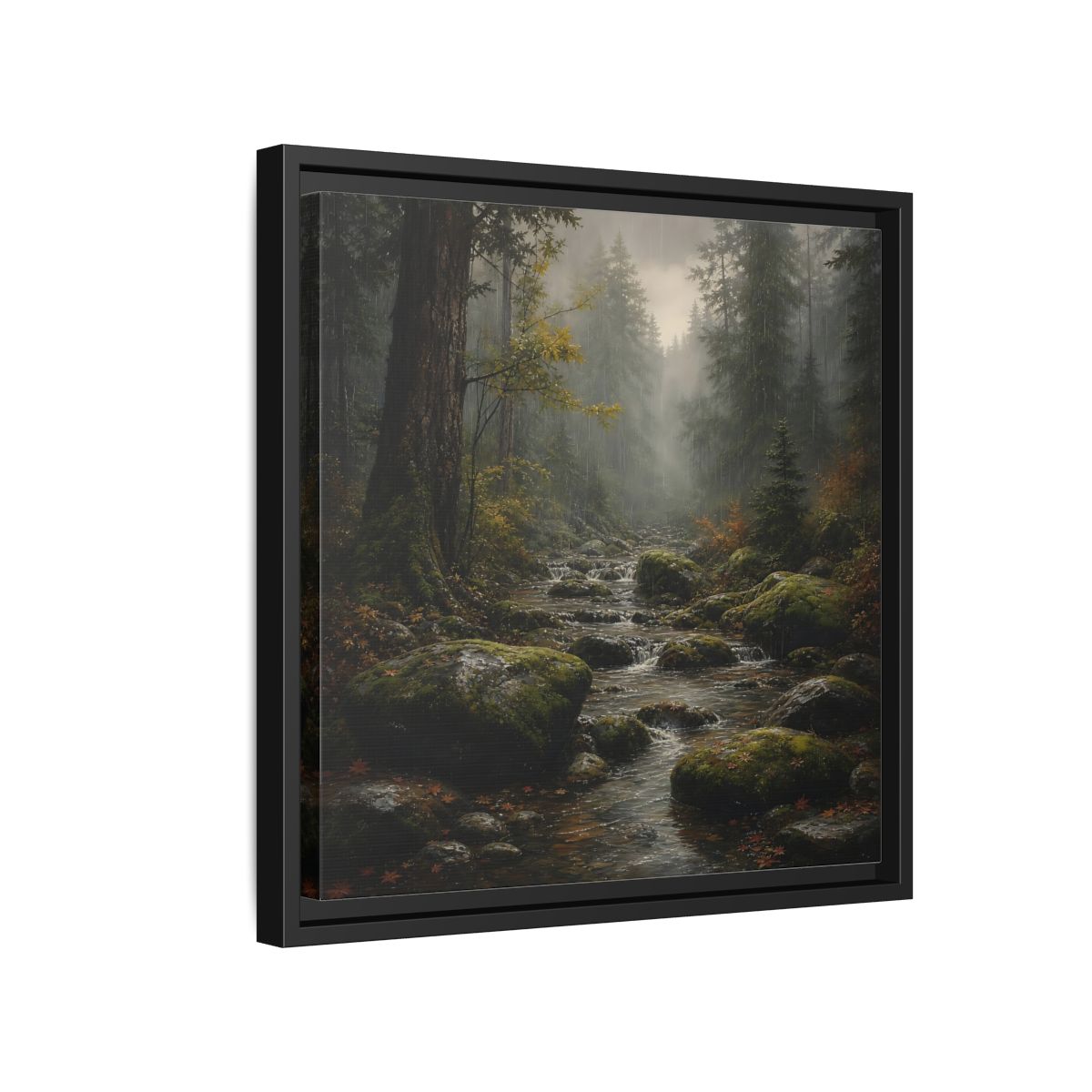 Side Mockup 15. Nature Forest Stream Rainy Forest Stream shown as stretched canvas wall art