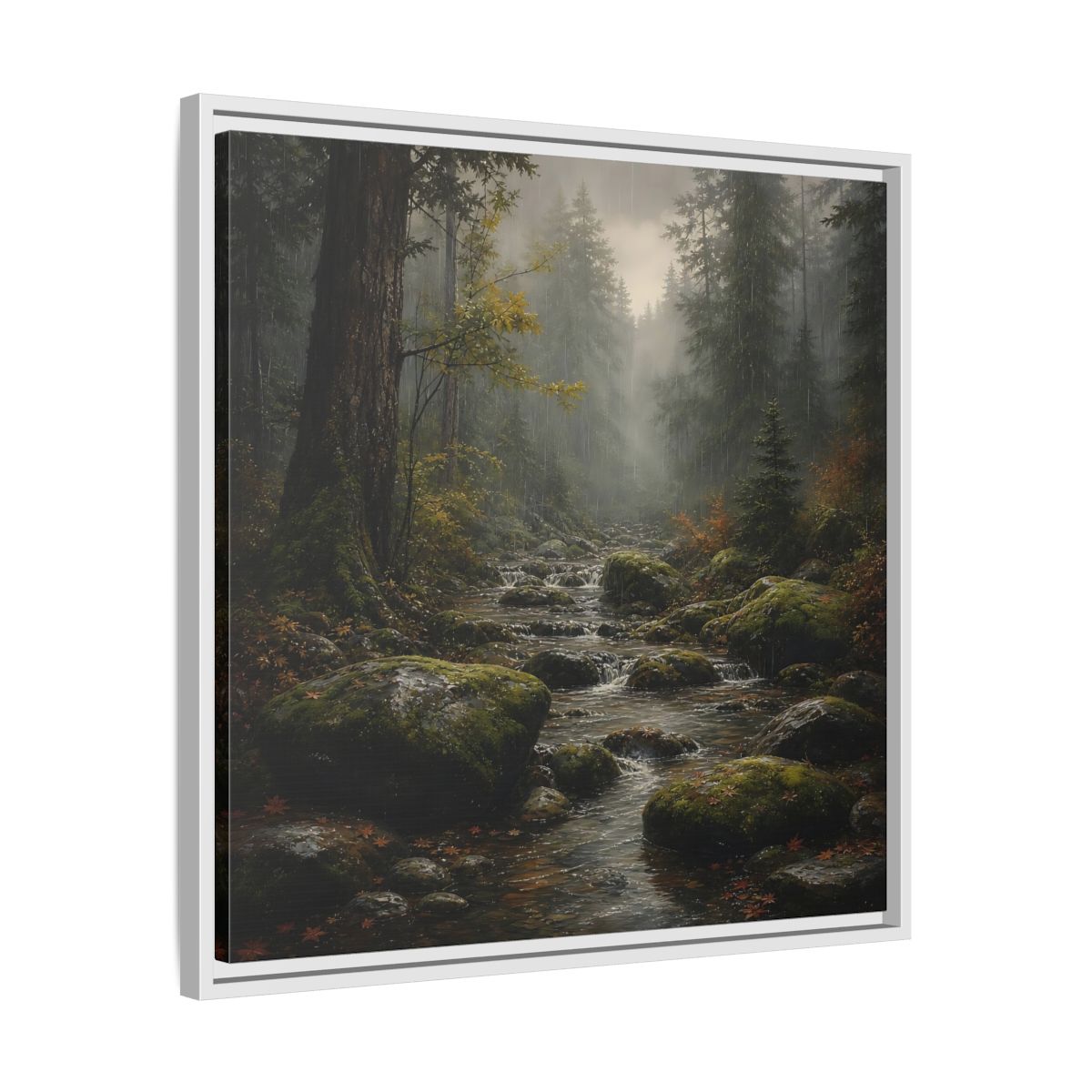 Side Mockup 26. Nature Forest Stream Rainy Forest Stream shown as stretched canvas wall art