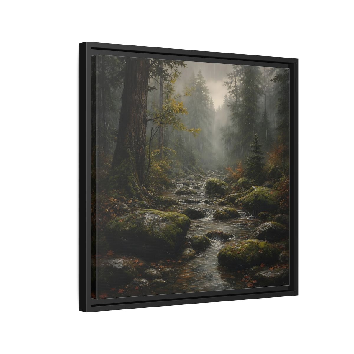 Side Mockup 12. Nature Forest Stream Rainy Forest Stream shown as stretched canvas wall art