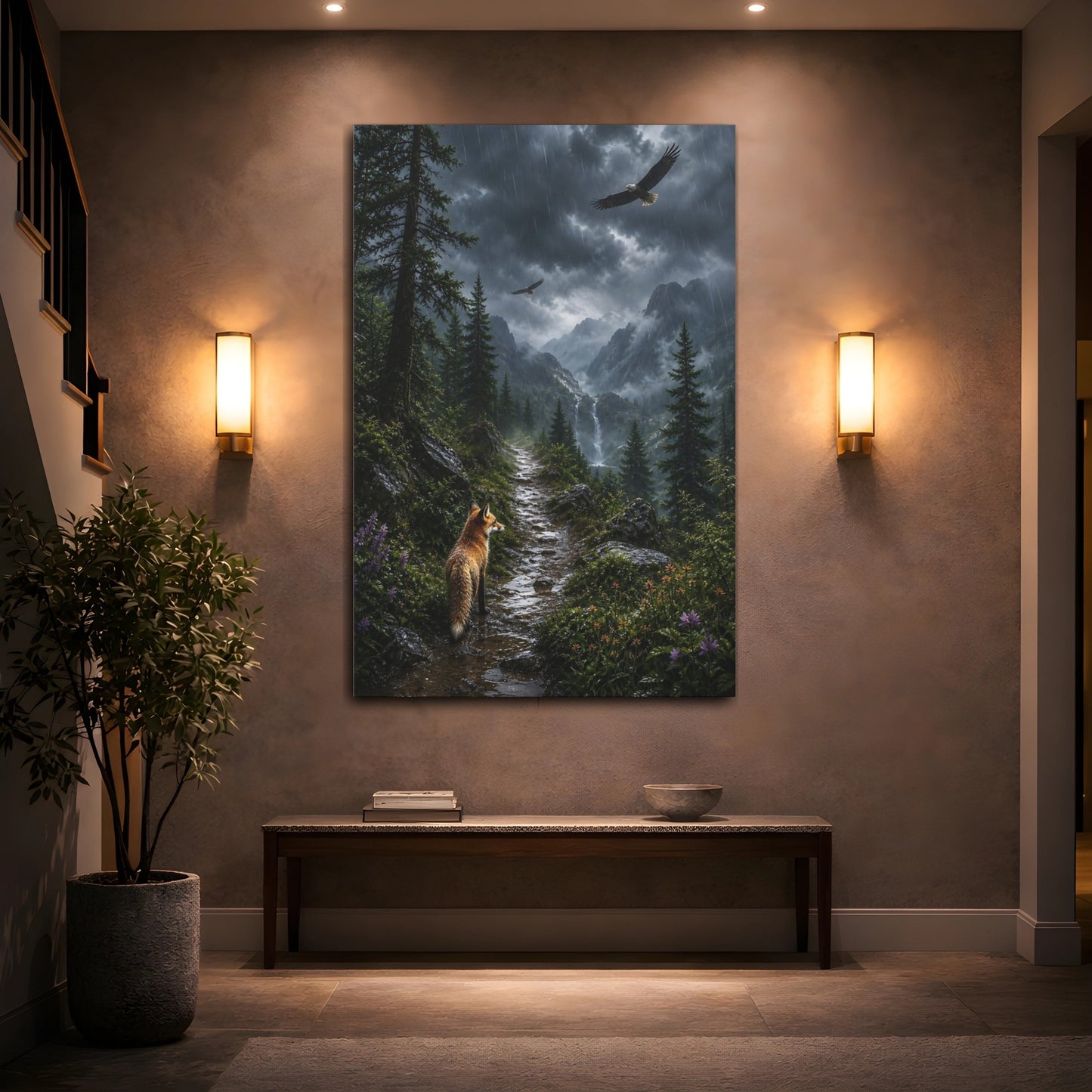 Mockup 2. Nature Fox And Eagles Rainy Mountain Animals shown as stretched canvas wall art