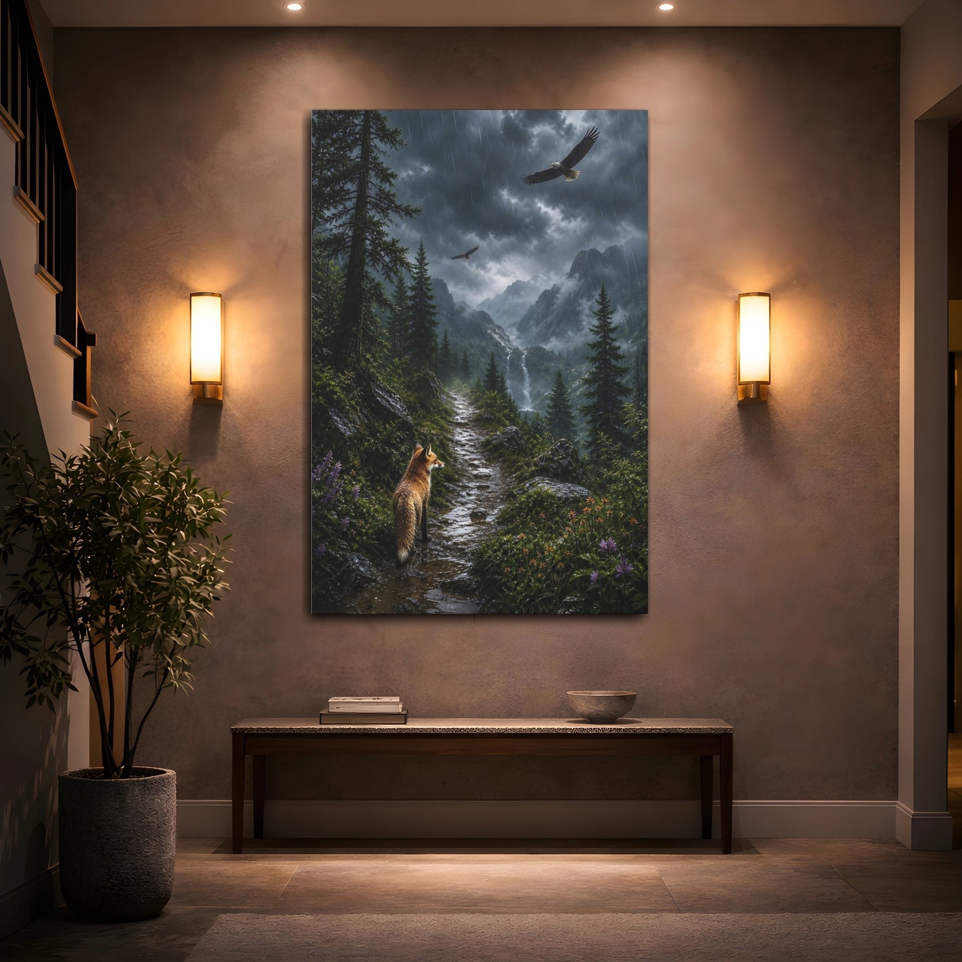 Mockup 2. Nature Fox And Eagles Rainy Mountain Animals shown as stretched canvas wall art