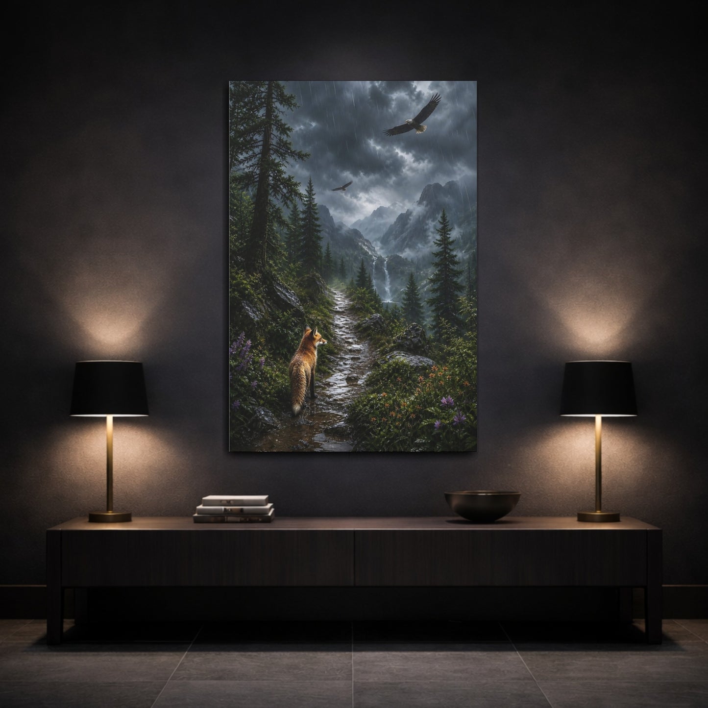 Mockup 3. Nature Fox And Eagles Rainy Mountain Animals shown as stretched canvas wall art