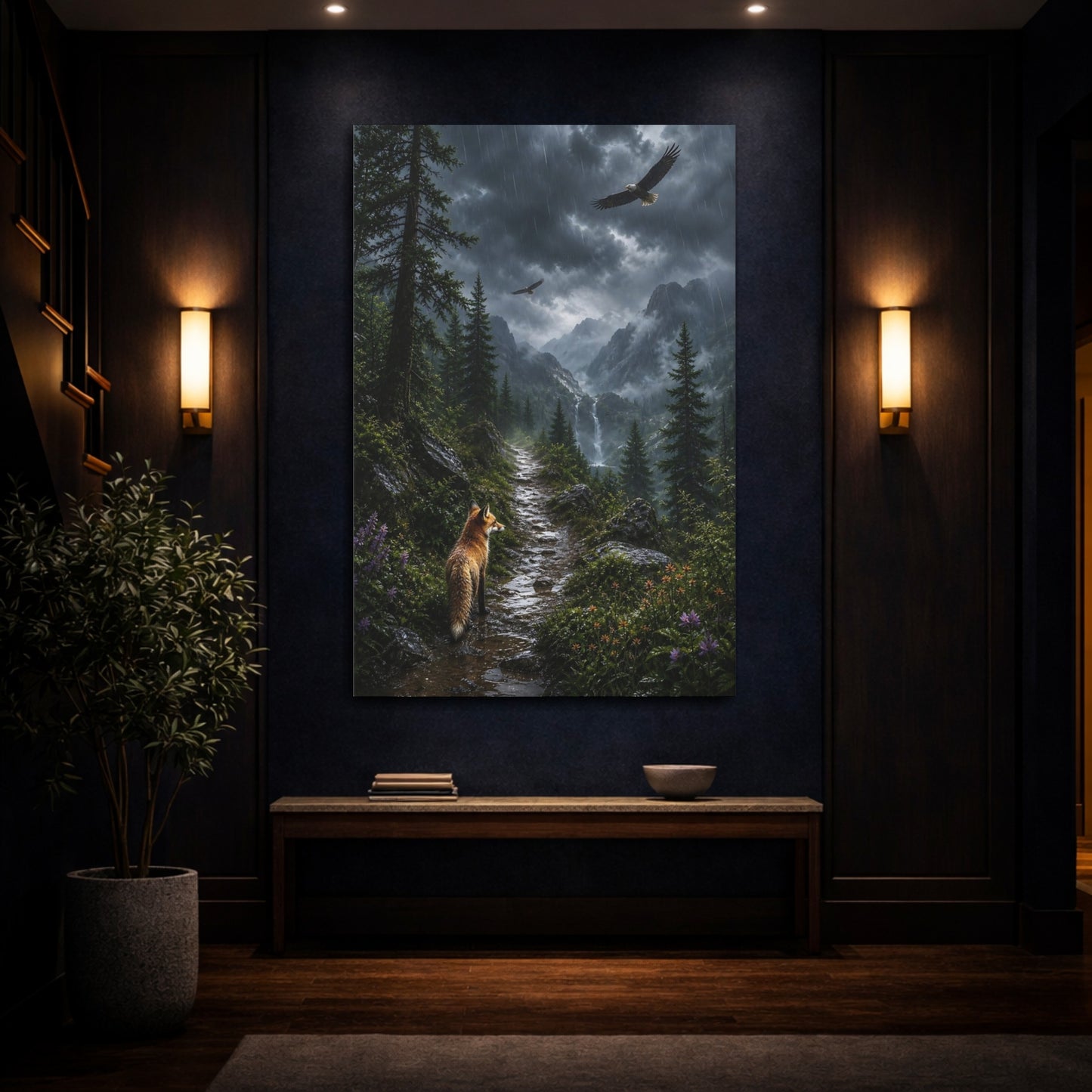 Mockup 4. Nature Fox And Eagles Rainy Mountain Animals shown as stretched canvas wall art