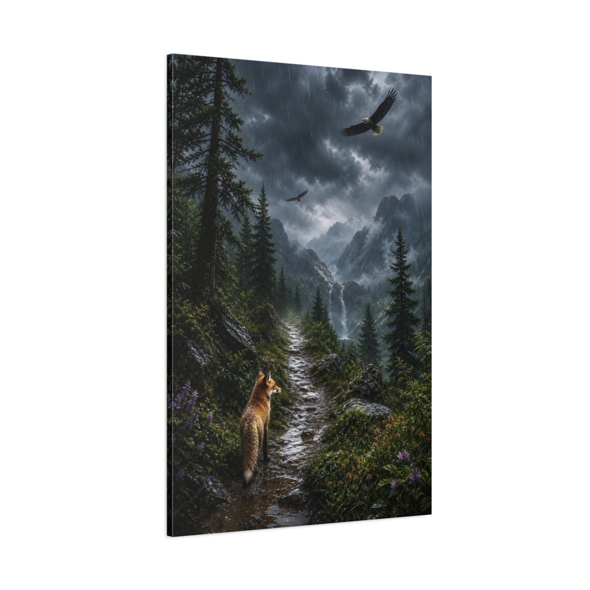 Side Mockup 1. Nature Fox And Eagles Rainy Mountain Animals shown as stretched canvas wall art