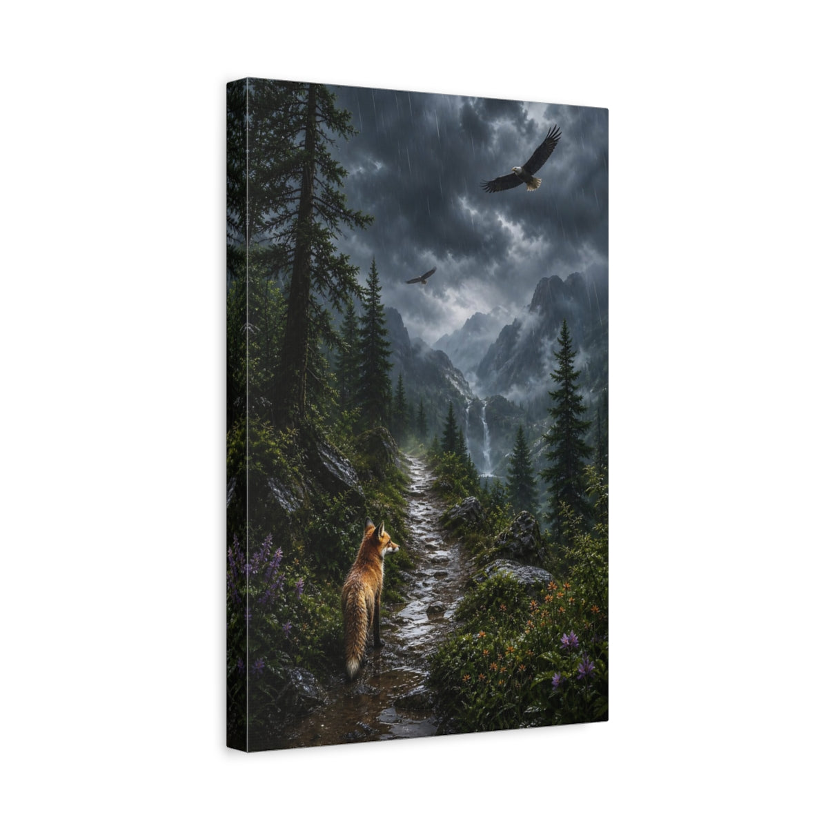 Side Mockup 4. Nature Fox And Eagles Rainy Mountain Animals shown as stretched canvas wall art