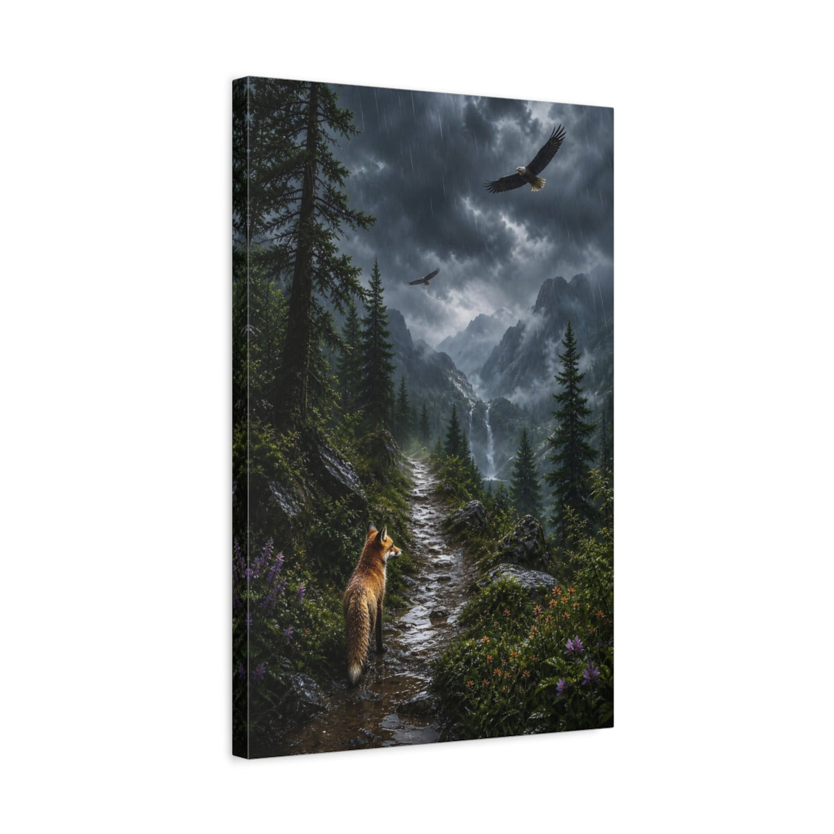 Side Mockup 3. Nature Fox And Eagles Rainy Mountain Animals shown as stretched canvas wall art