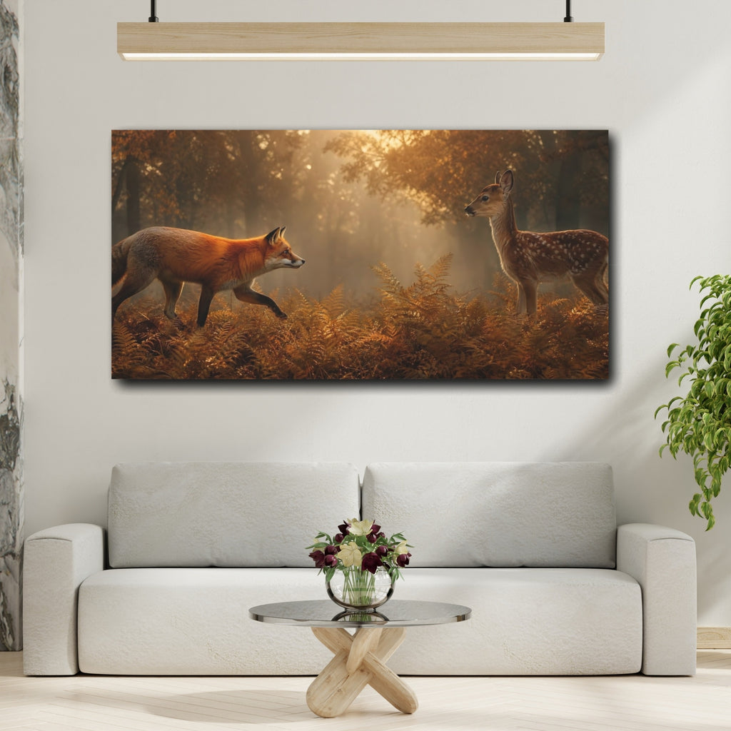 Mockup 2. Nature Fox Fawn Autumn Wildlife shown as stretched canvas wall art