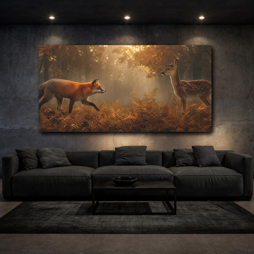 Mockup 3. Nature Fox Fawn Autumn Wildlife shown as stretched canvas wall art
