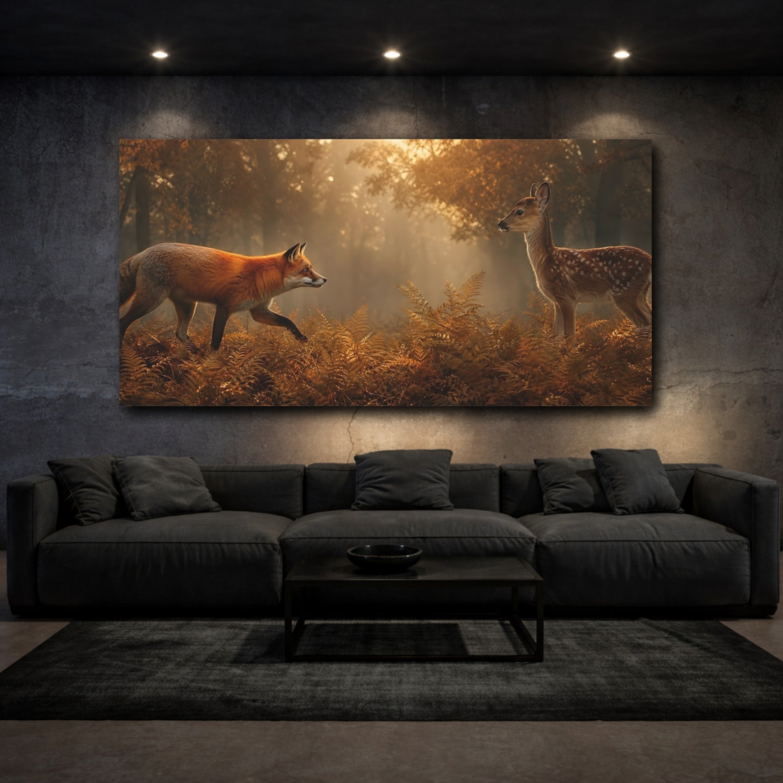 Mockup 3. Nature Fox Fawn Autumn Wildlife shown as stretched canvas wall art