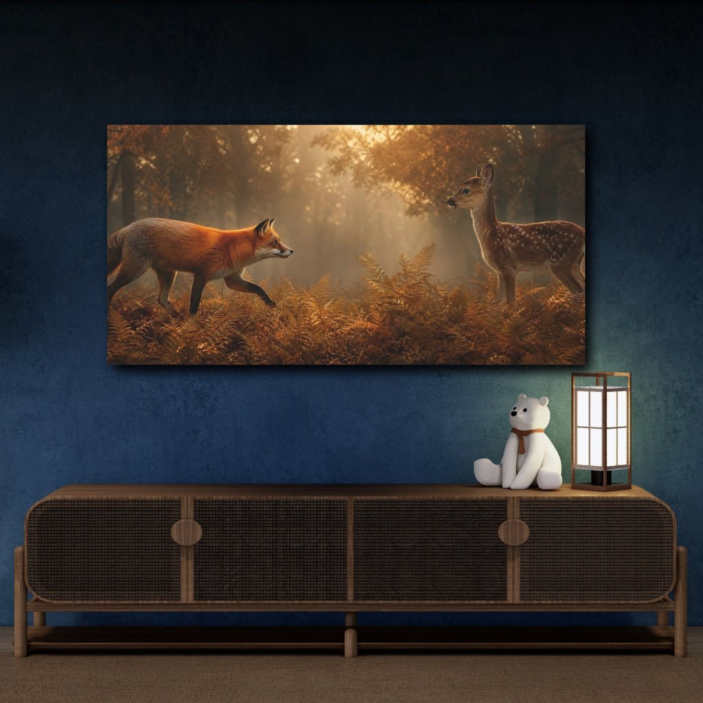 Mockup 4. Nature Fox Fawn Autumn Wildlife shown as stretched canvas wall art