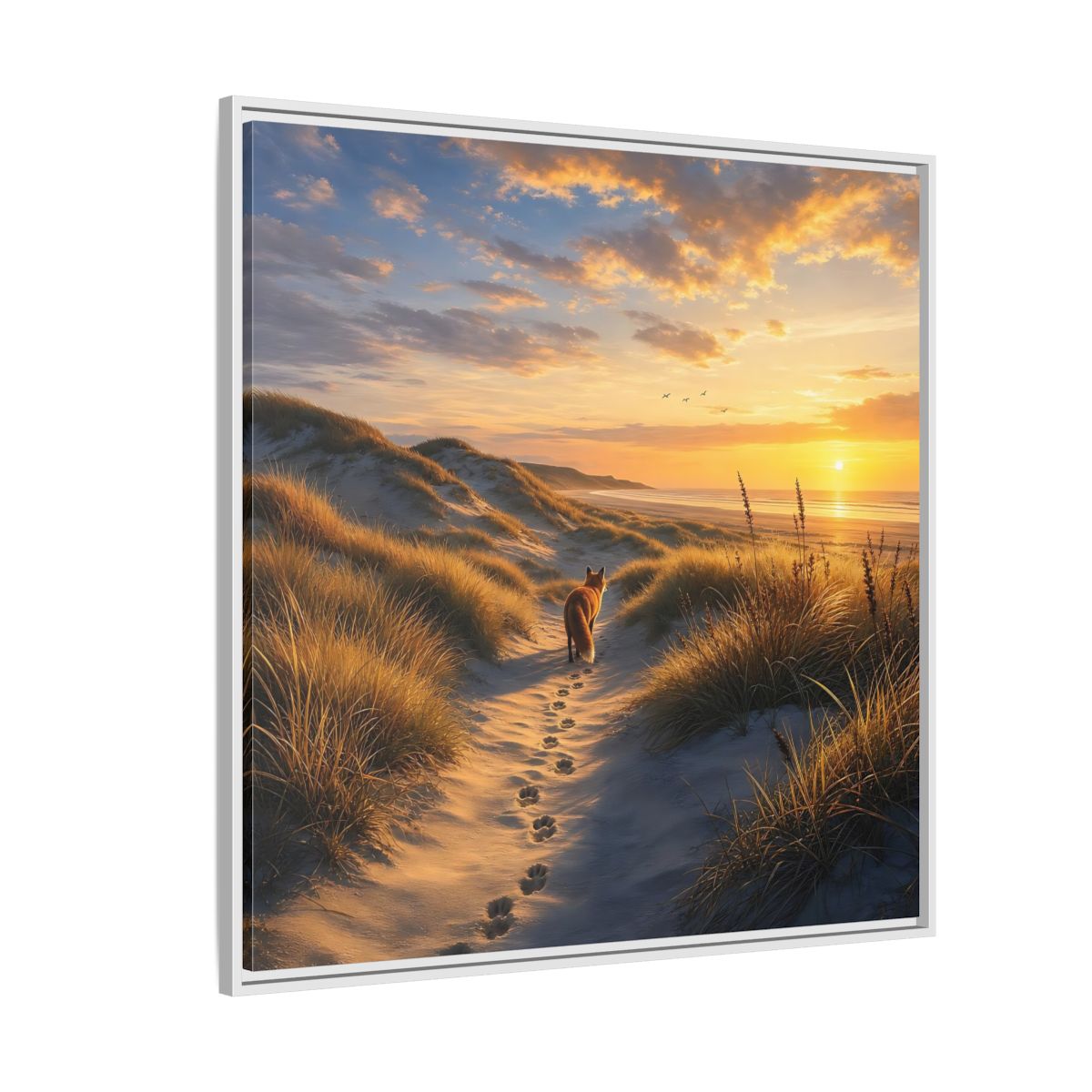 Side Mockup 4. Nature Fox Orange Blue Sunset shown as stretched canvas wall art