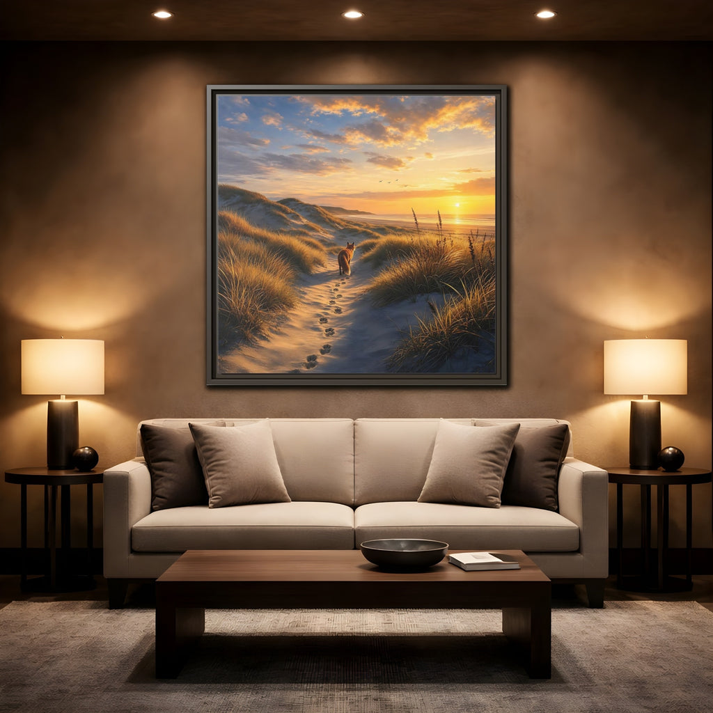 Mockup 2. Nature Fox Orange Blue Sunset shown as stretched canvas wall art