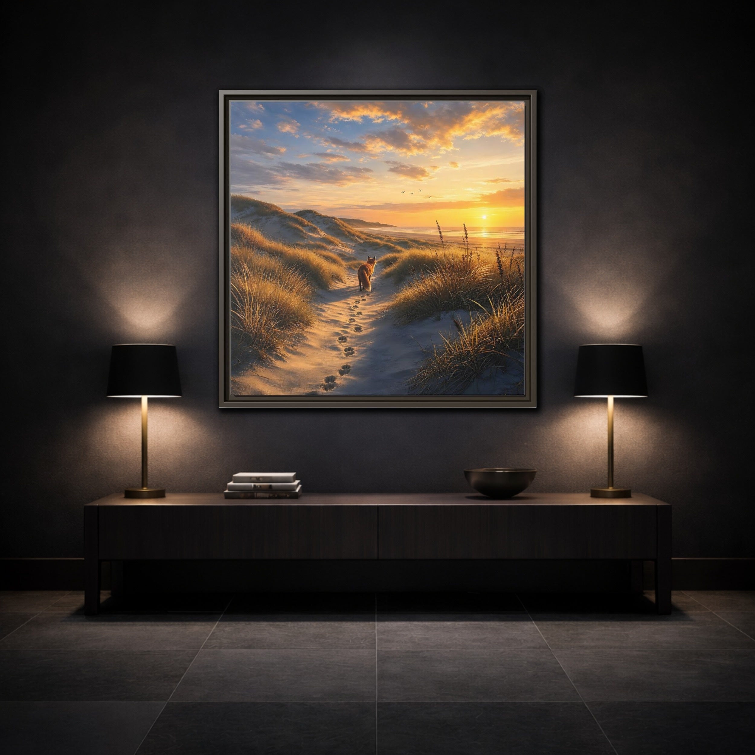 Mockup 3. Nature Fox Orange Blue Sunset shown as stretched canvas wall art