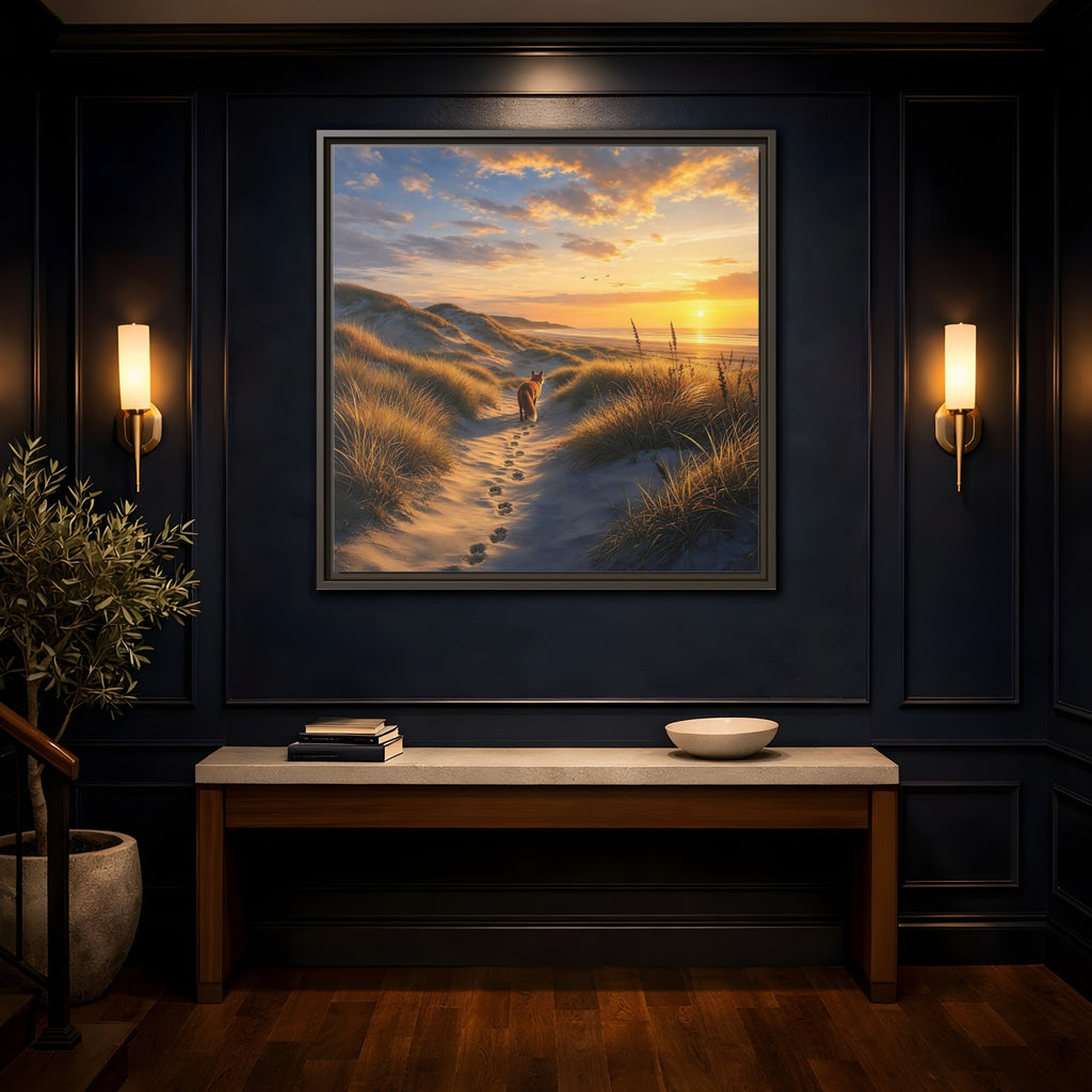 Mockup 4. Nature Fox Orange Blue Sunset shown as stretched canvas wall art