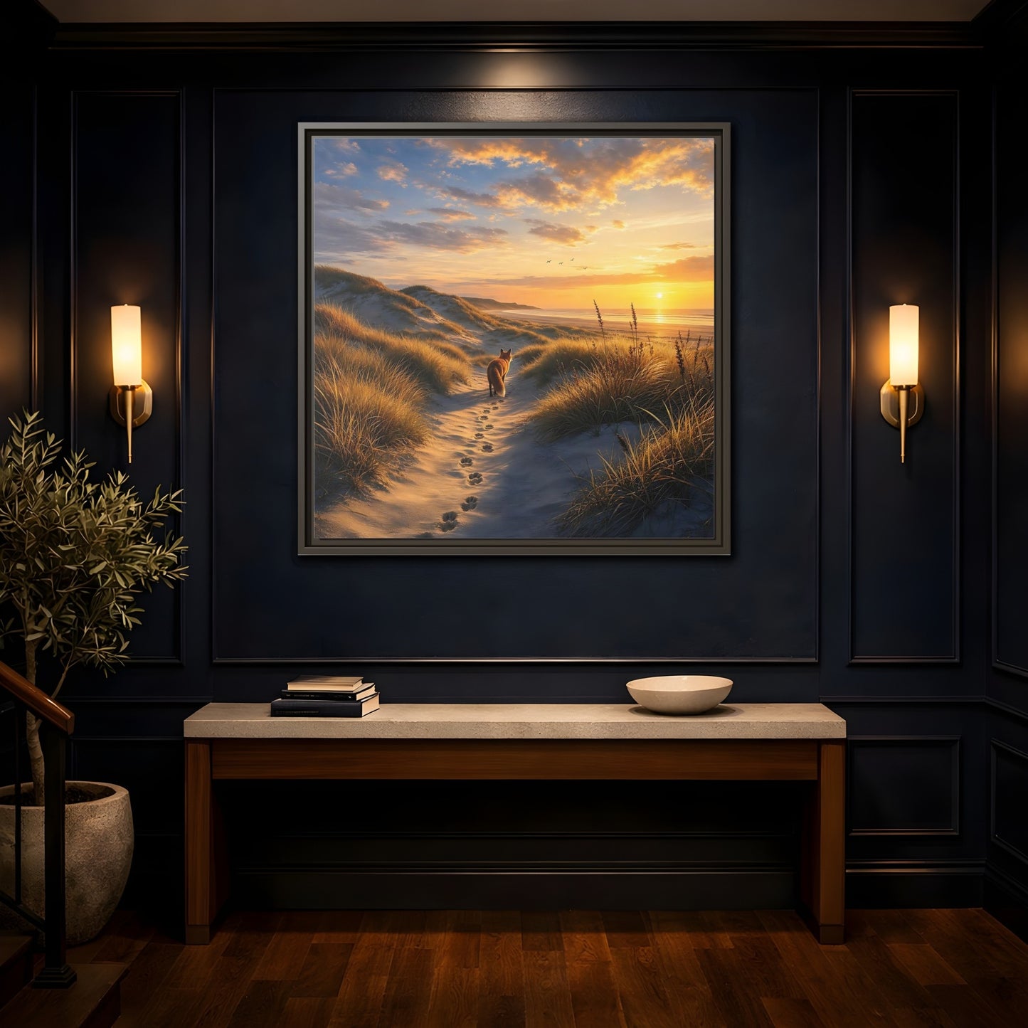 Mockup 4. Nature Fox Orange Blue Sunset shown as stretched canvas wall art