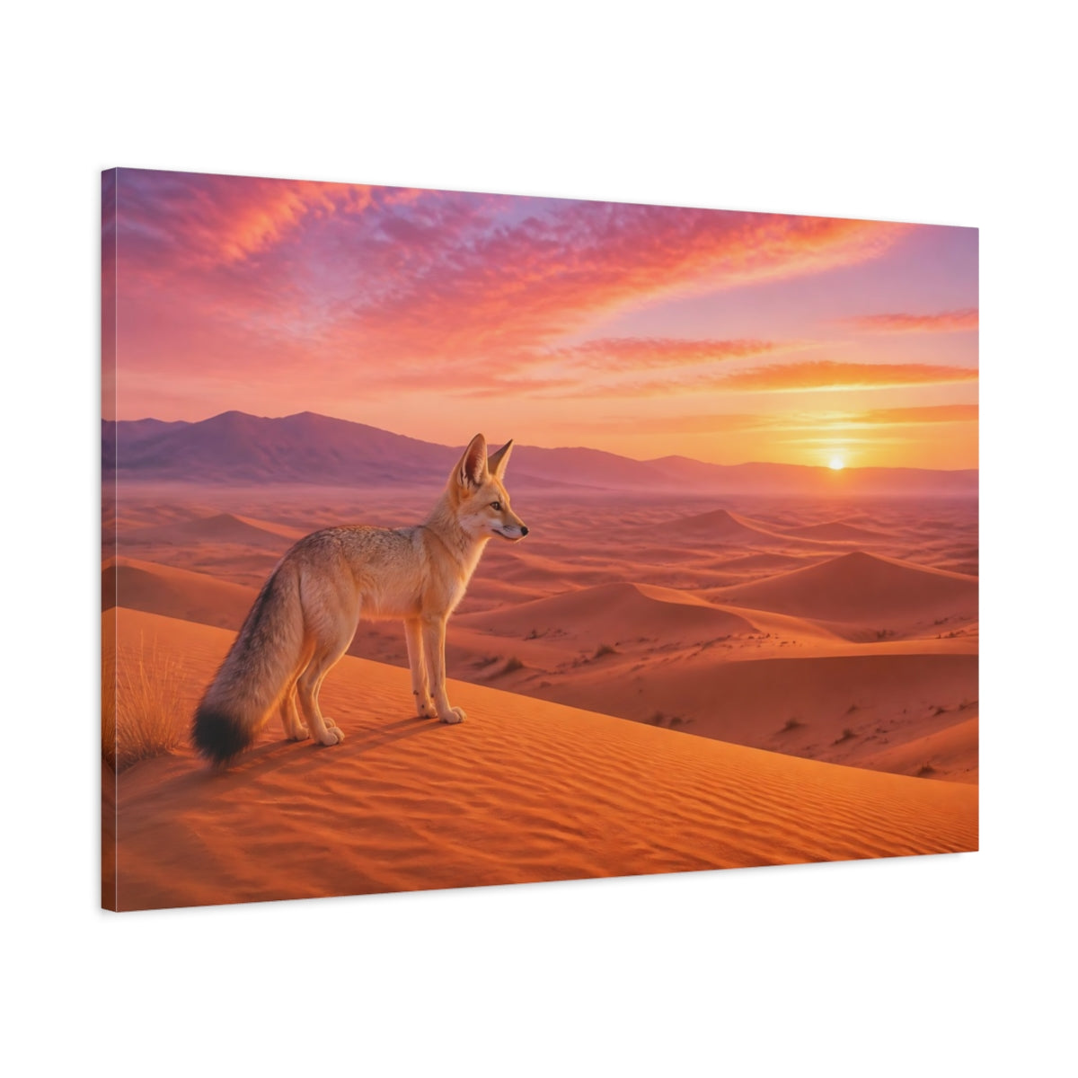 Main Mockup. Nature Fox Orange Pink Sunset shown as stretched canvas wall art
