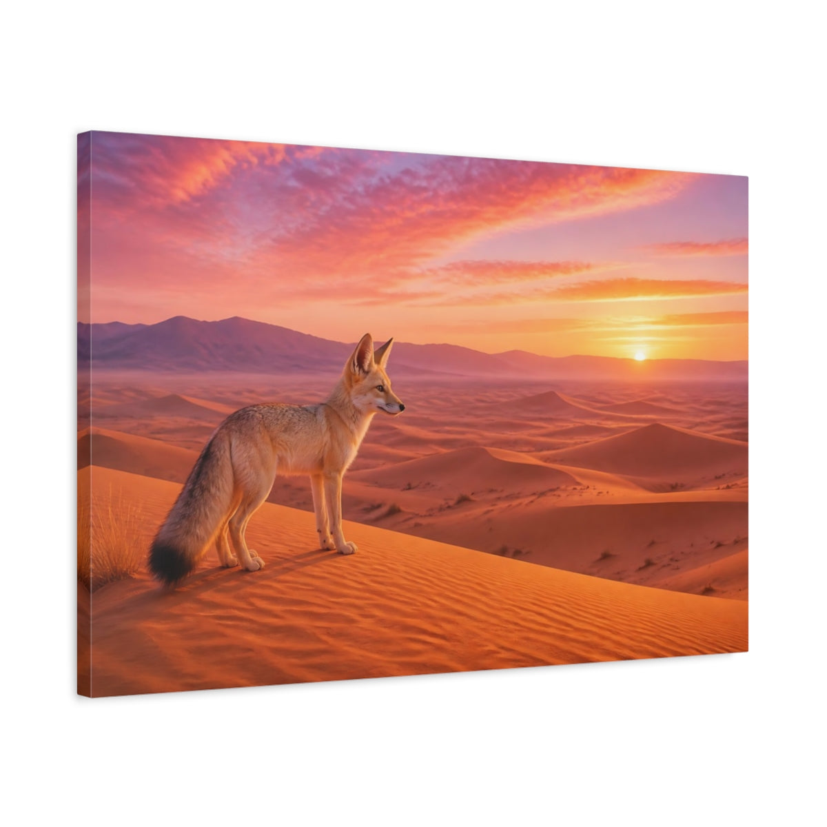 Side Mockup 2. Nature Fox Orange Pink Sunset shown as stretched canvas wall art
