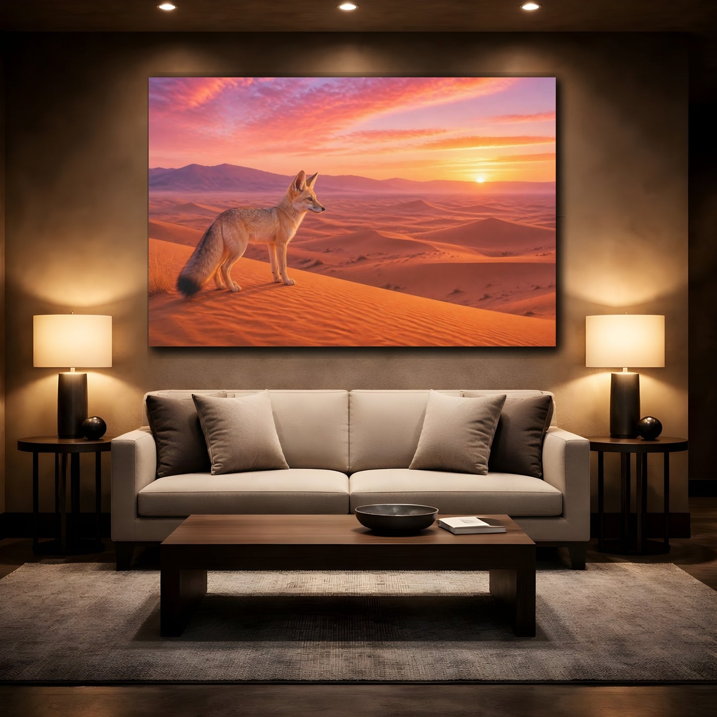 Mockup 2. Nature Fox Orange Pink Sunset shown as stretched canvas wall art
