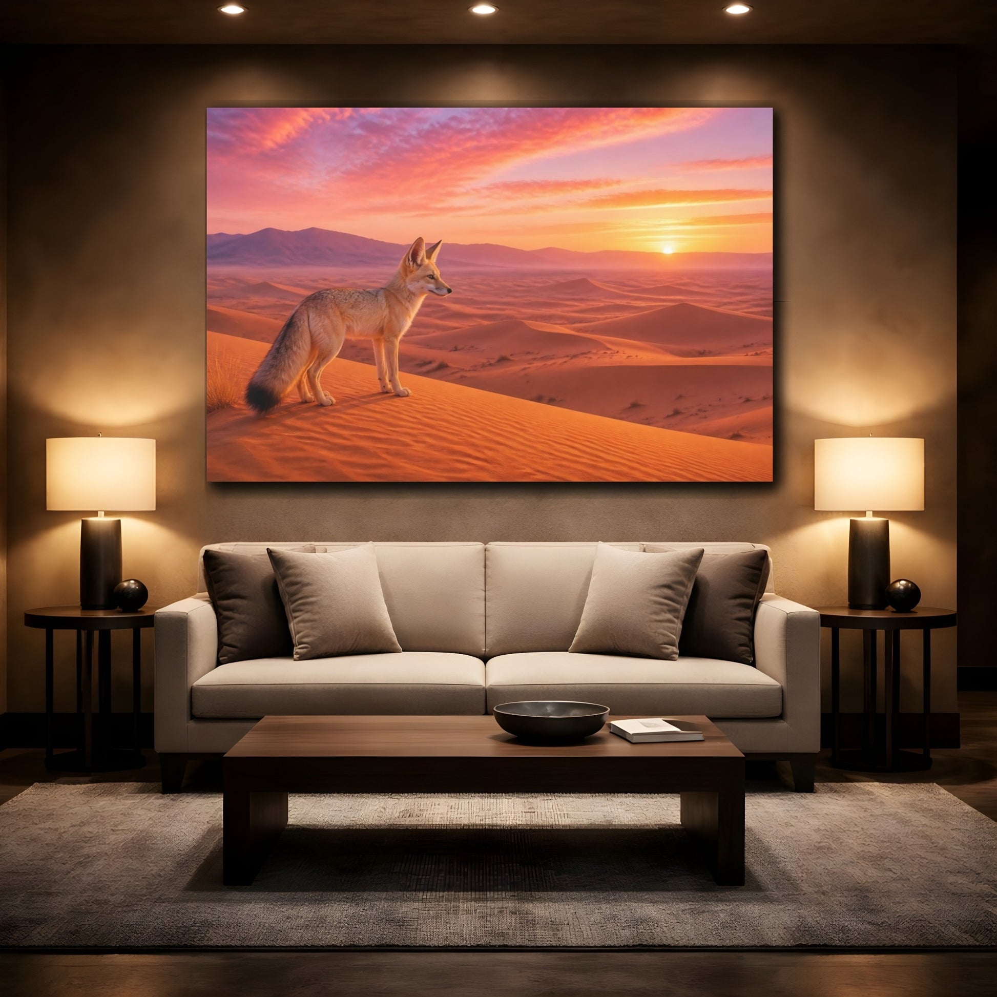 Mockup 2. Nature Fox Orange Pink Sunset shown as stretched canvas wall art