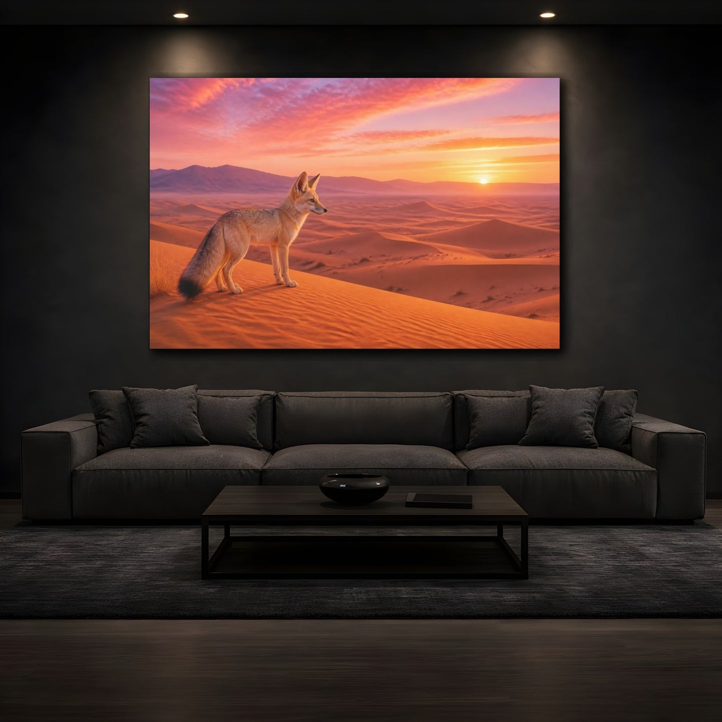 Mockup 3. Nature Fox Orange Pink Sunset shown as stretched canvas wall art