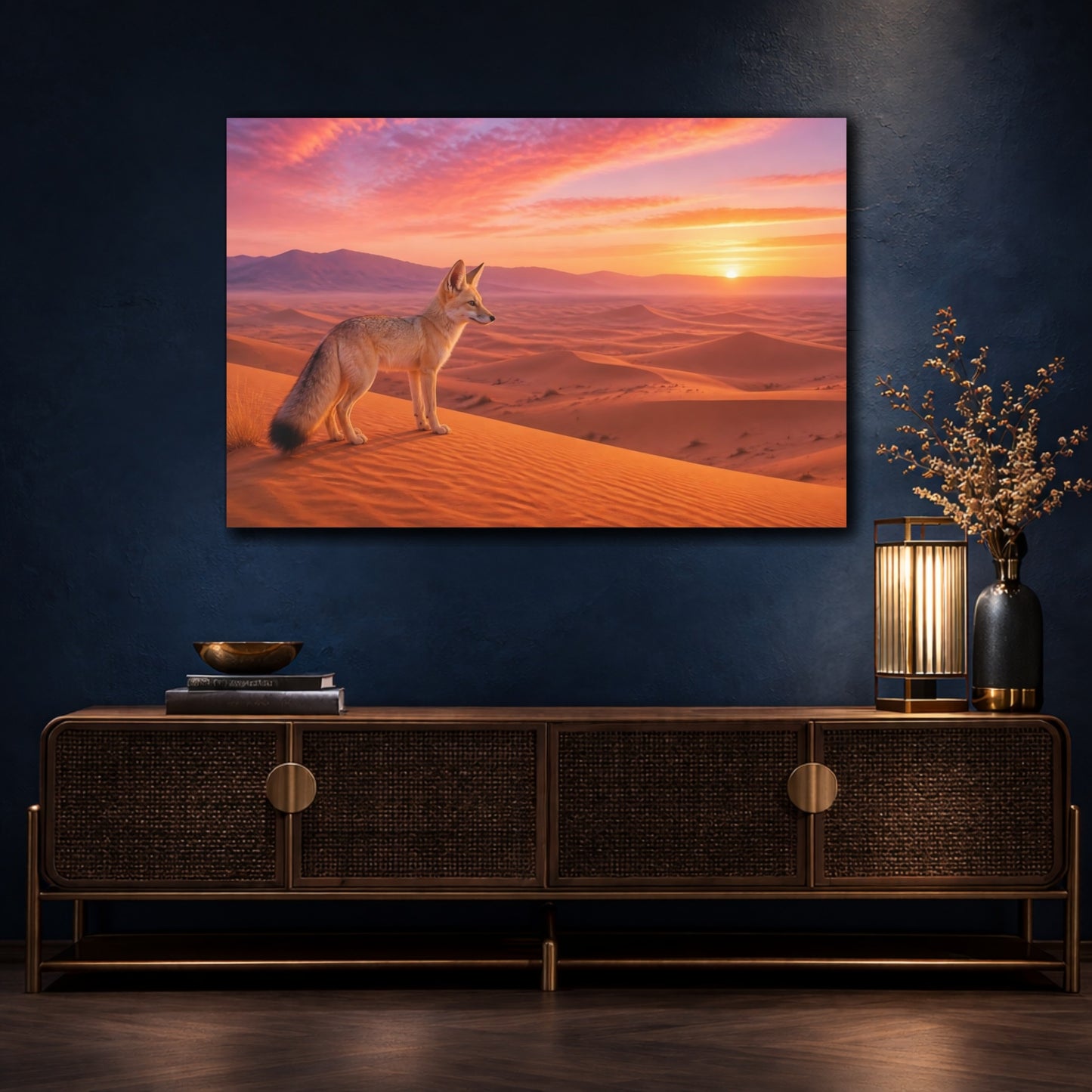 Mockup 4. Nature Fox Orange Pink Sunset shown as stretched canvas wall art