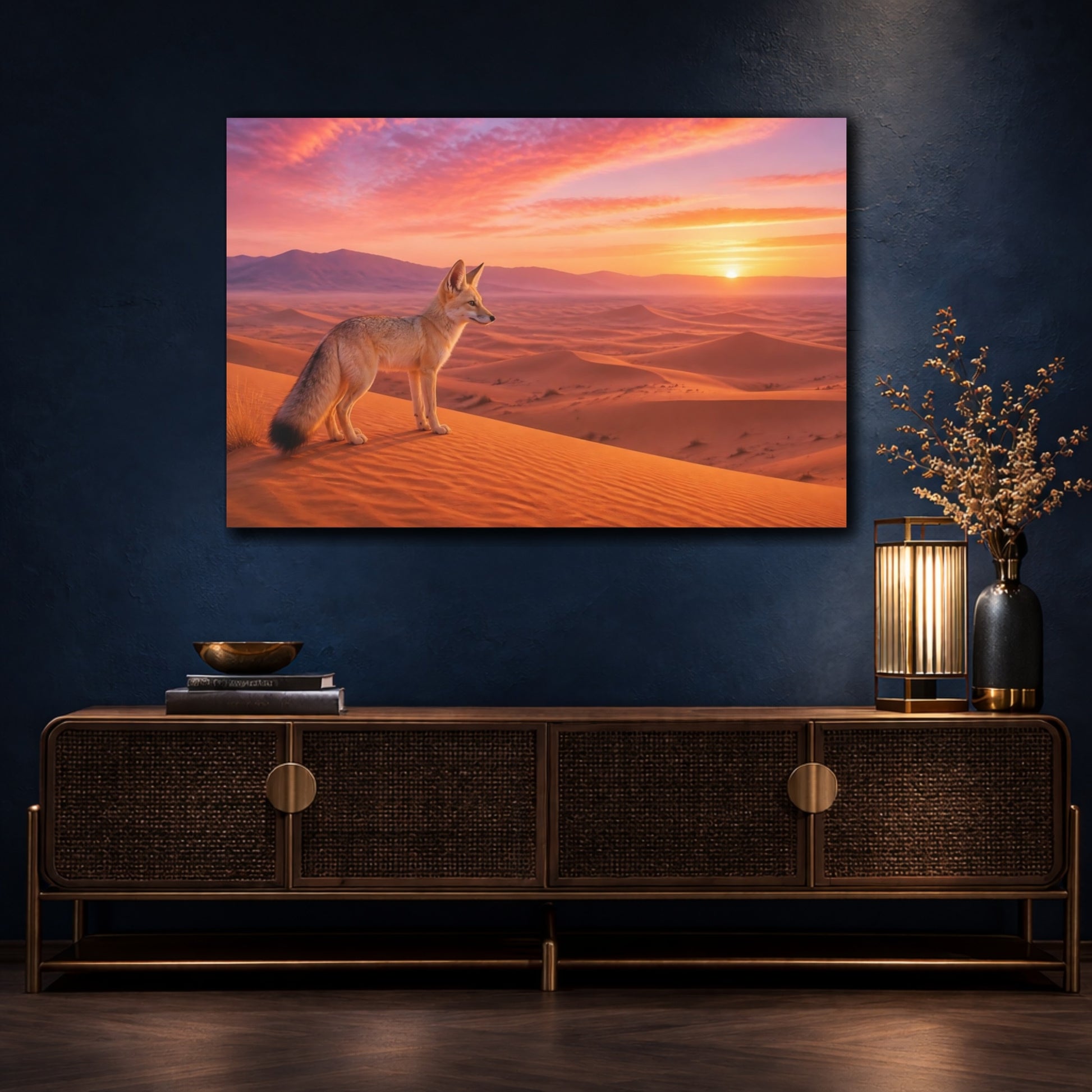 Mockup 4. Nature Fox Orange Pink Sunset shown as stretched canvas wall art