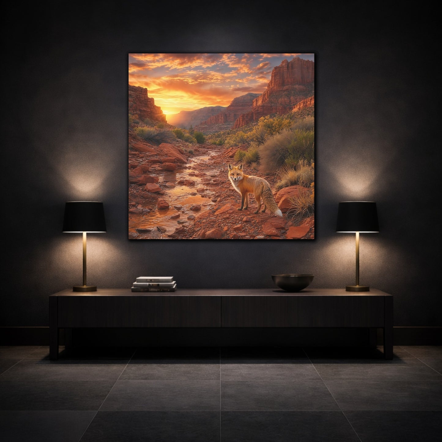 Mockup 3. Nature Fox Red Fox Canyon shown as stretched canvas wall art
