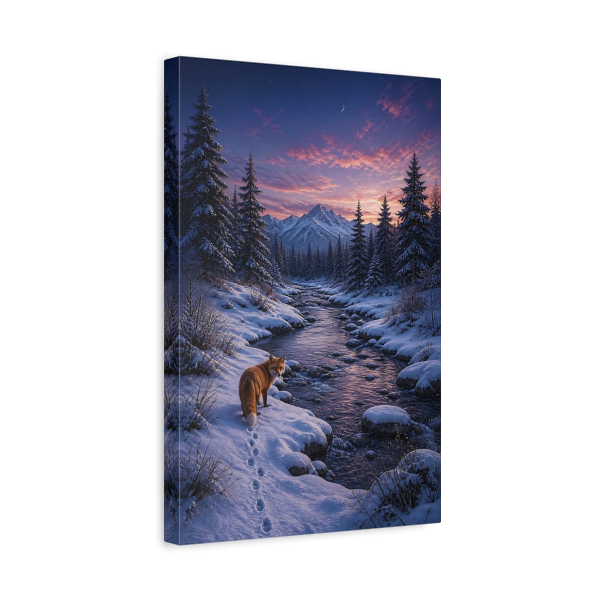 Side Mockup 4. Nature Fox Snowy Sunset Fox shown as stretched canvas wall art