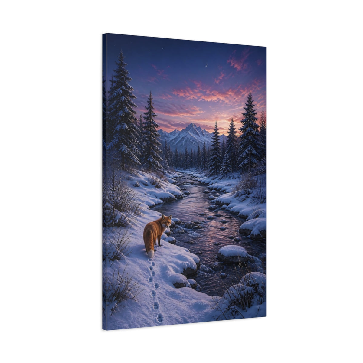 Main Mockup. Nature Fox Snowy Sunset Fox shown as stretched canvas wall art