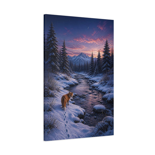 Main Mockup. Nature Fox Snowy Sunset Fox shown as stretched canvas wall art