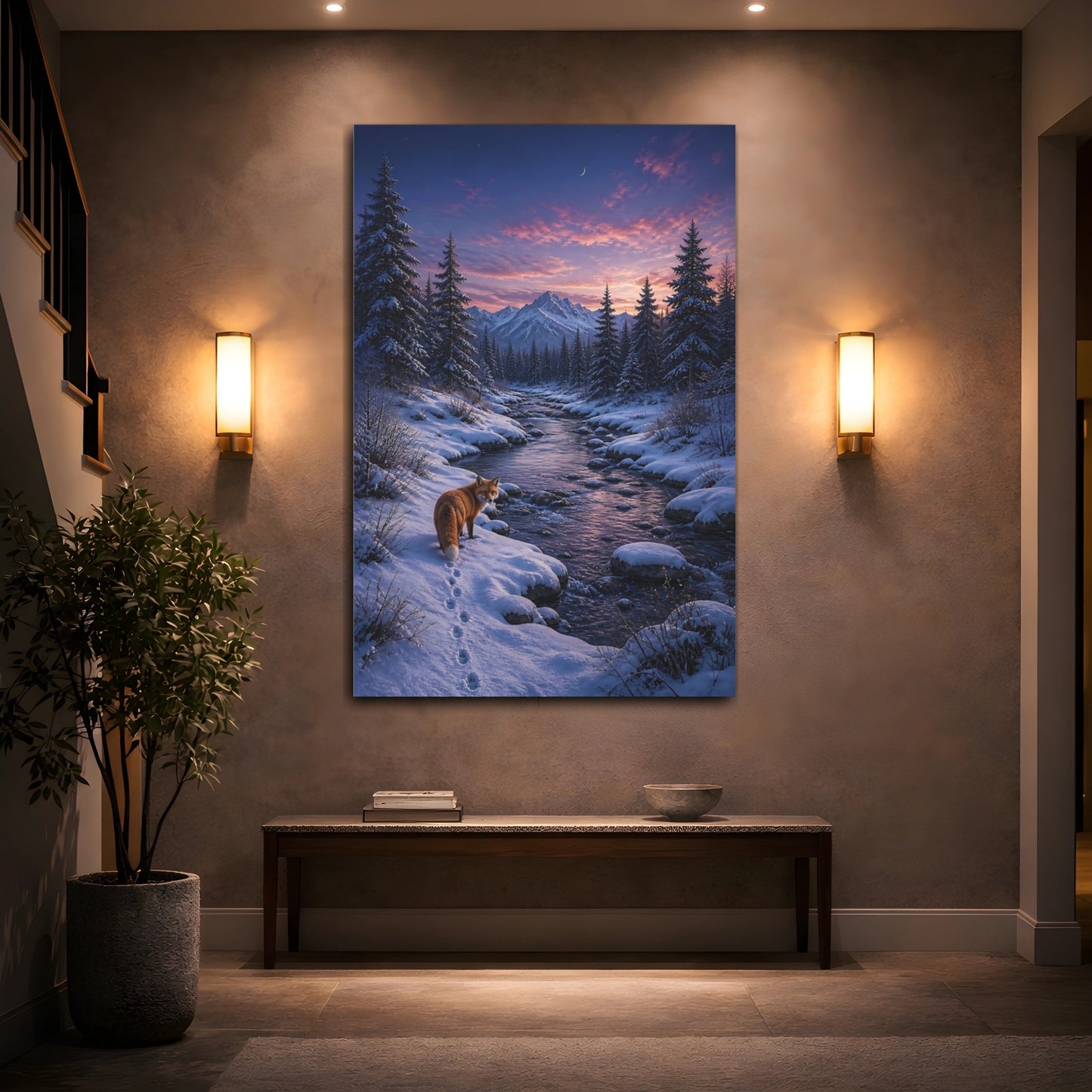 Mockup 2. Nature Fox Snowy Sunset Fox shown as stretched canvas wall art
