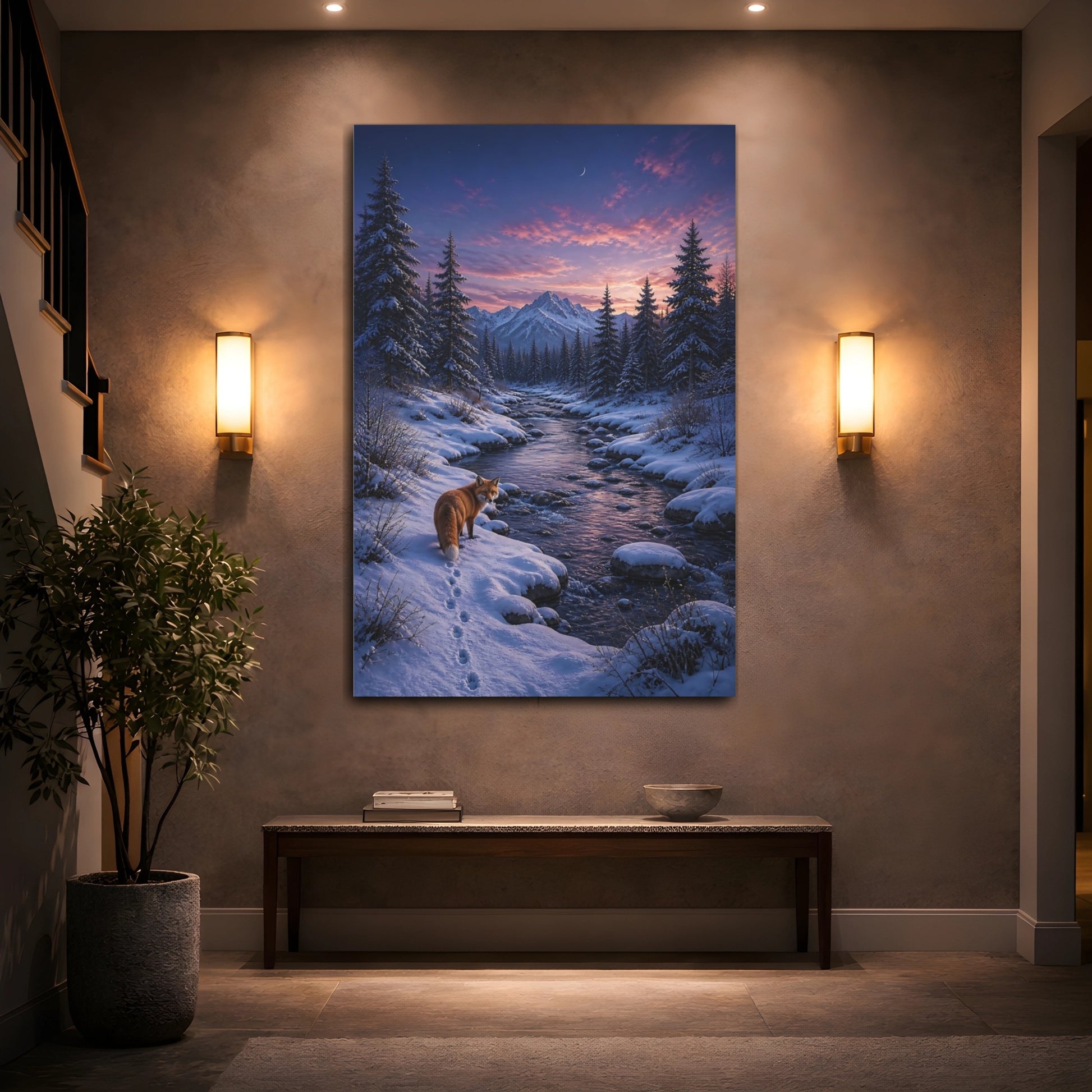 Mockup 2. Nature Fox Snowy Sunset Fox shown as stretched canvas wall art
