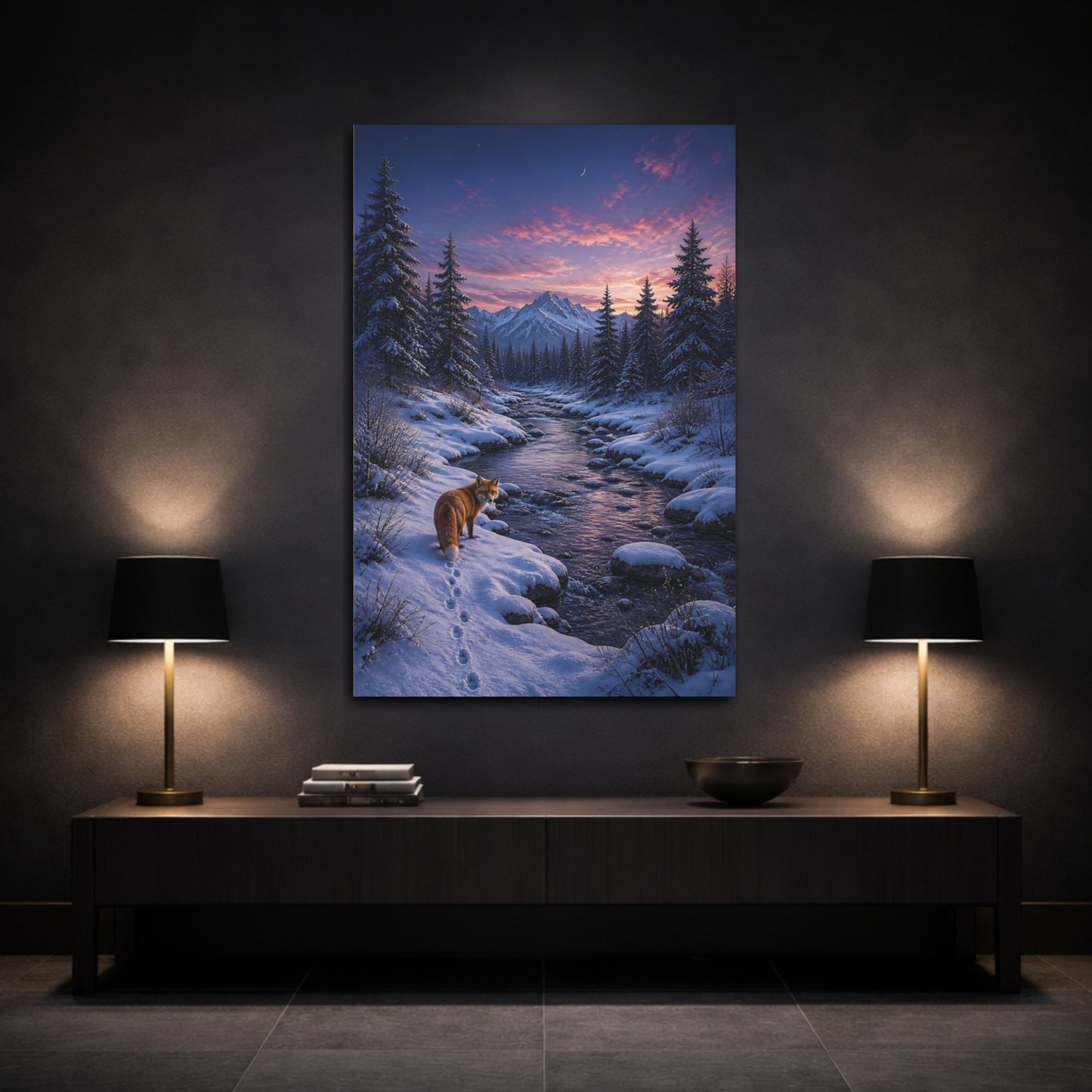 Mockup 3. Nature Fox Snowy Sunset Fox shown as stretched canvas wall art
