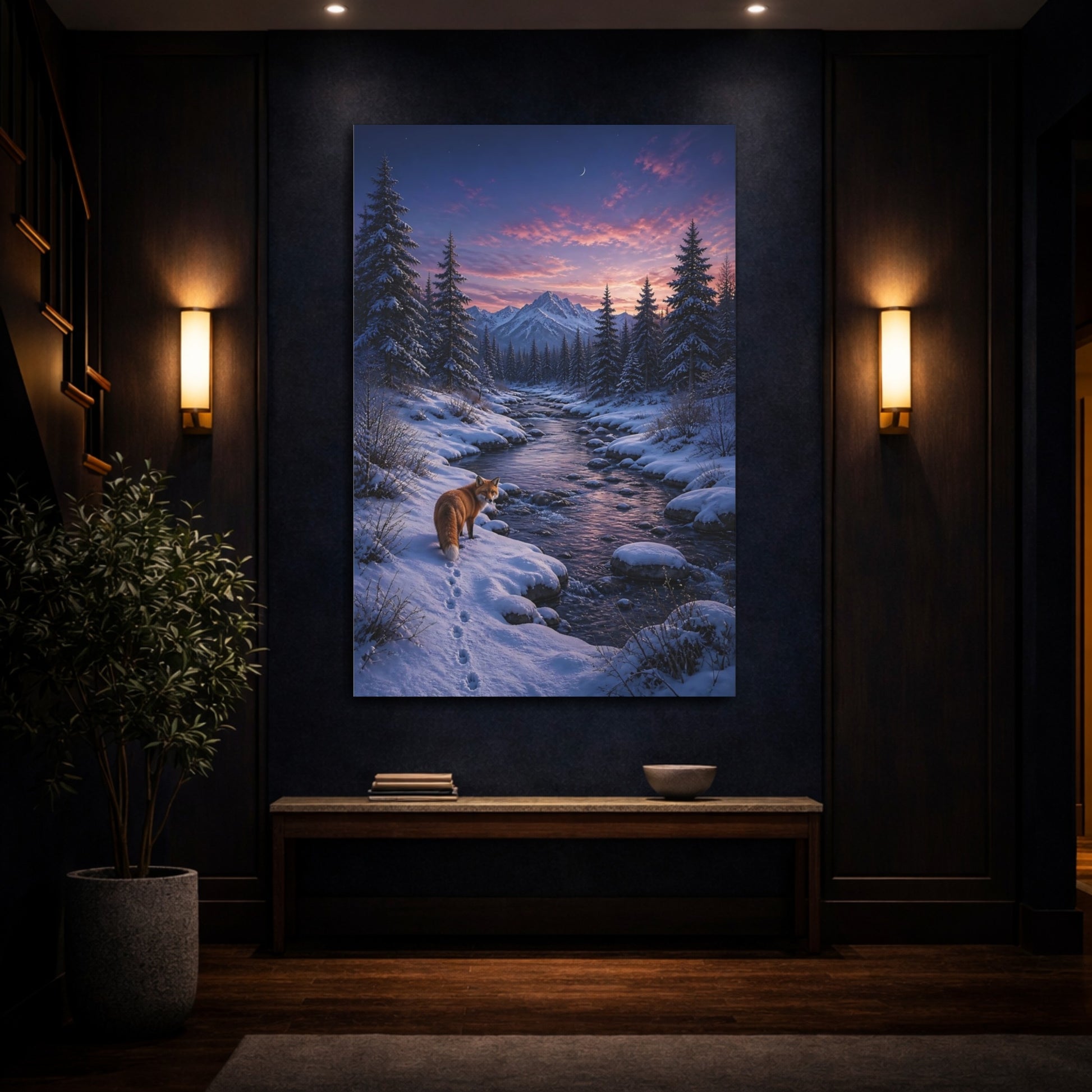 Mockup 4. Nature Fox Snowy Sunset Fox shown as stretched canvas wall art