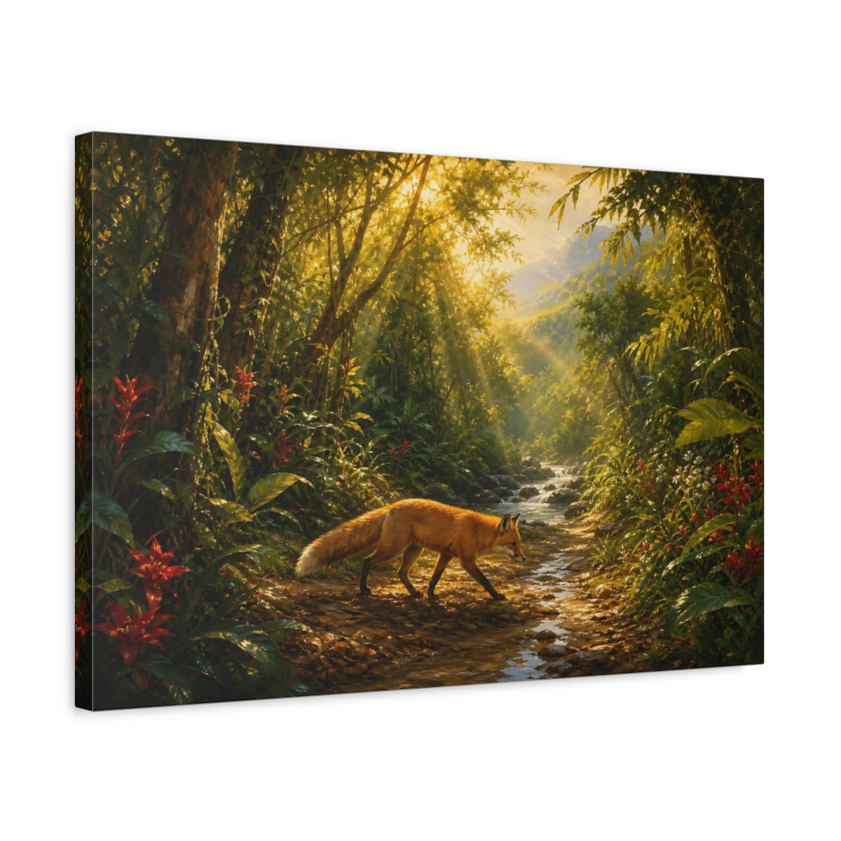 Side Mockup 3. Nature Fox Sunlit Forest Fox shown as stretched canvas wall art