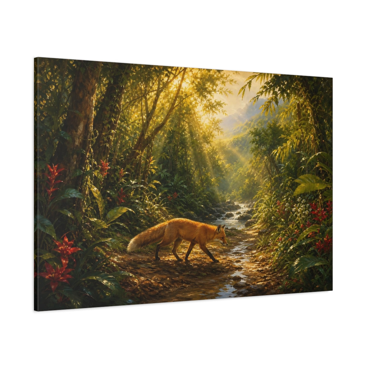 Side Mockup 1. Nature Fox Sunlit Forest Fox shown as stretched canvas wall art