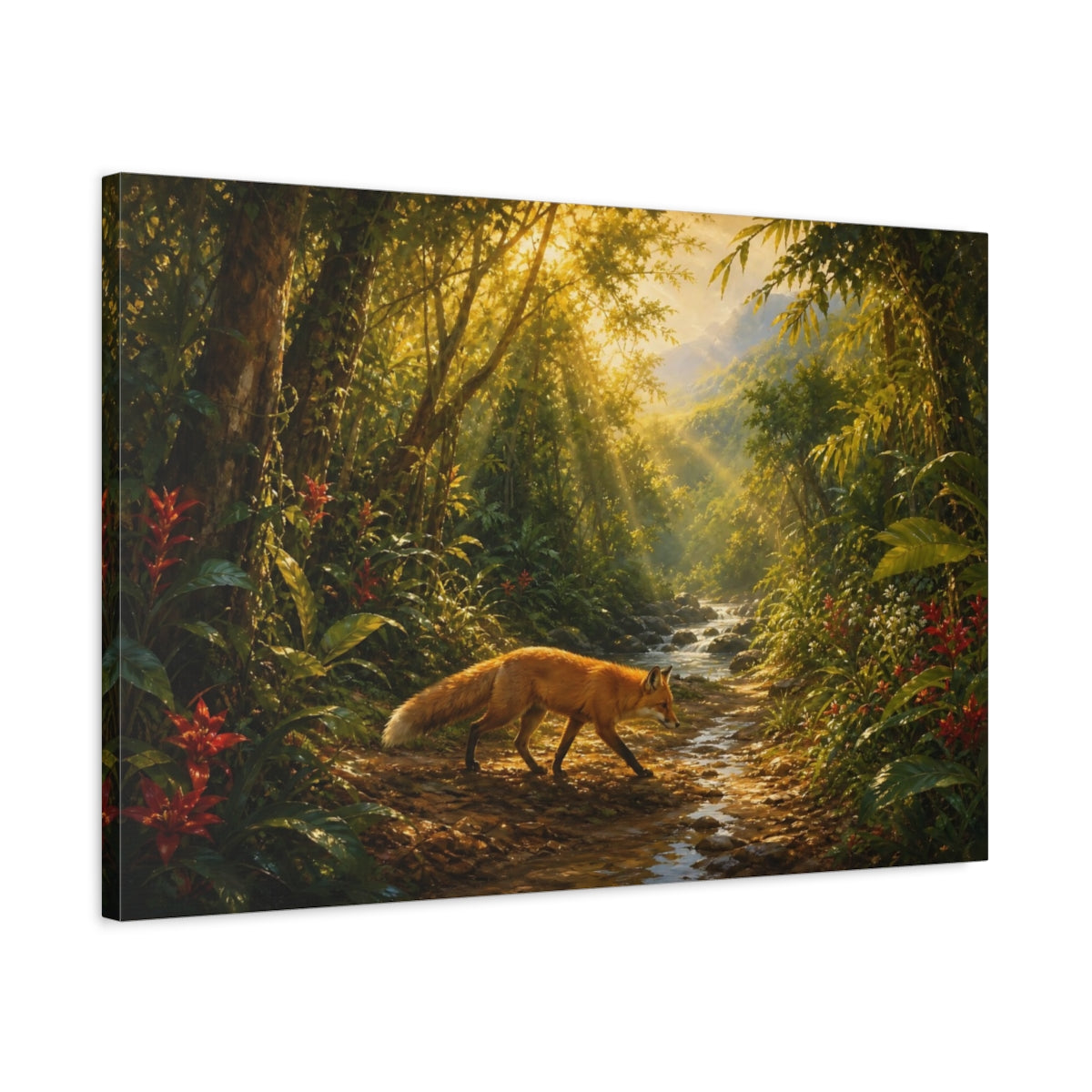 Side Mockup 2. Nature Fox Sunlit Forest Fox shown as stretched canvas wall art