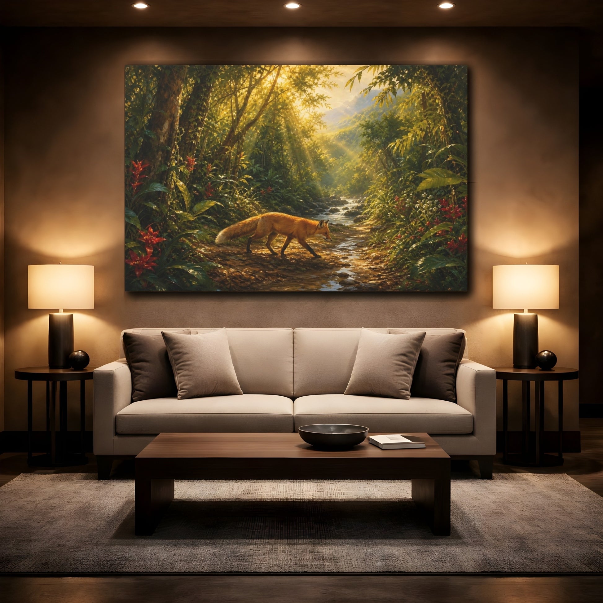 Mockup 2. Nature Fox Sunlit Forest Fox shown as stretched canvas wall art