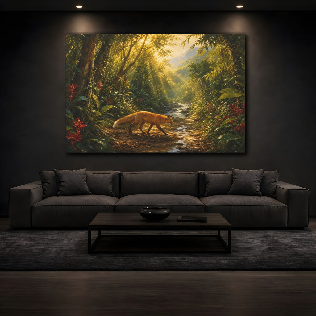 Mockup 3. Nature Fox Sunlit Forest Fox shown as stretched canvas wall art