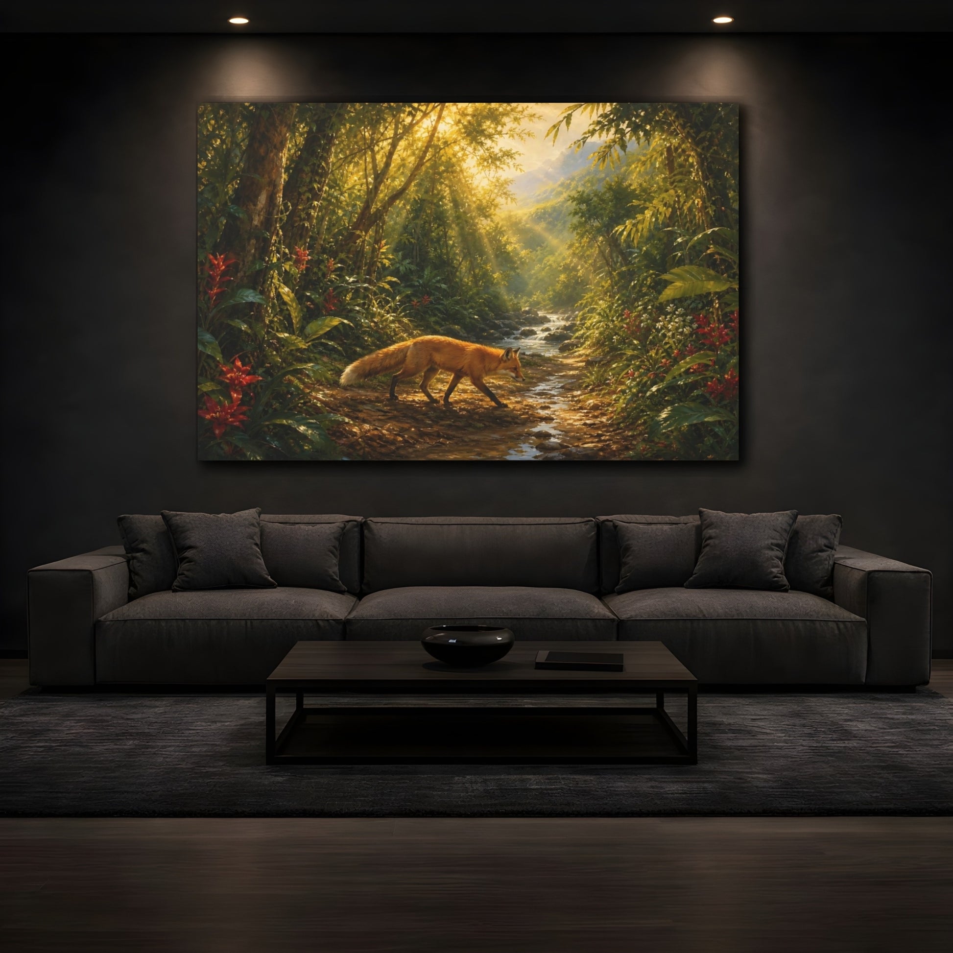 Mockup 3. Nature Fox Sunlit Forest Fox shown as stretched canvas wall art