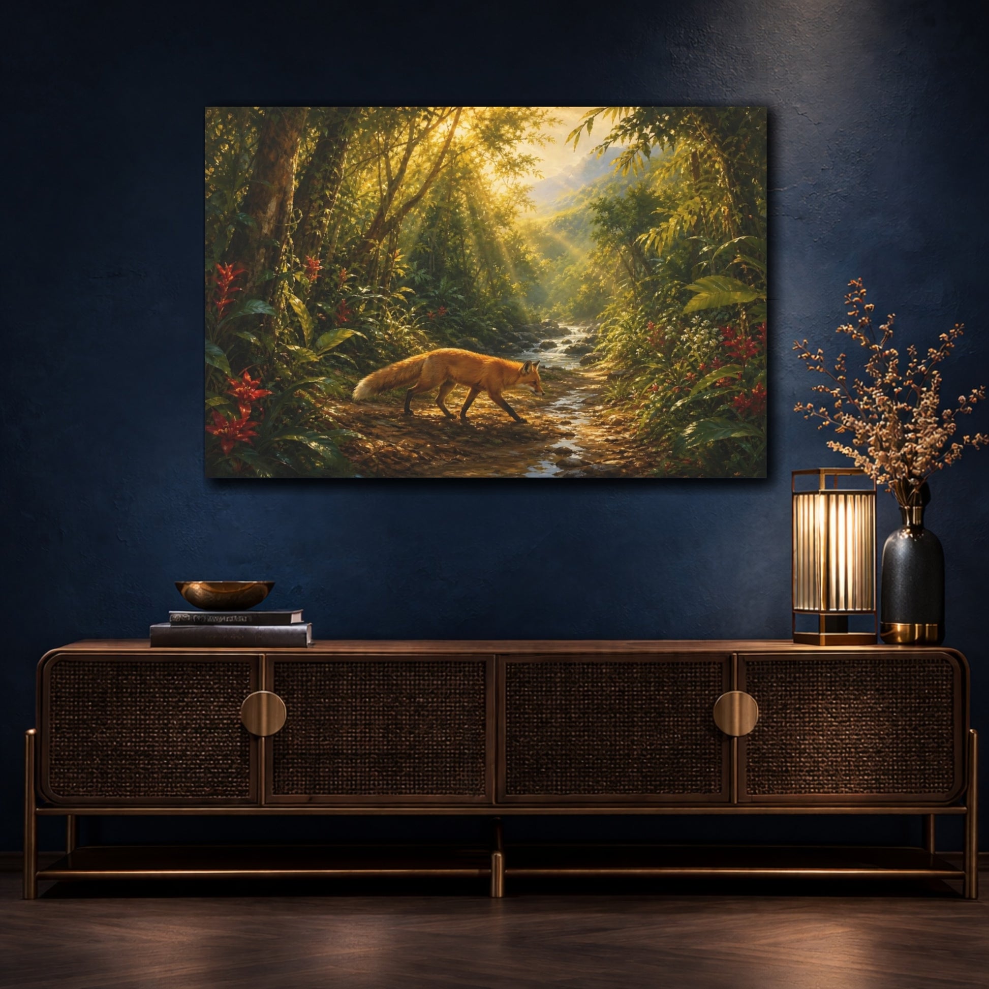 Mockup 4. Nature Fox Sunlit Forest Fox shown as stretched canvas wall art