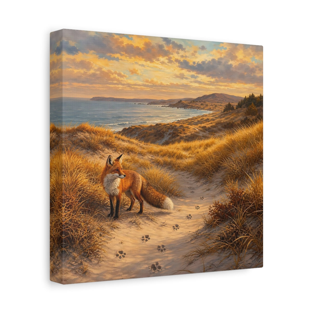 Side Mockup 9. Nature Fox Warm Coastal Fox shown as stretched canvas wall art