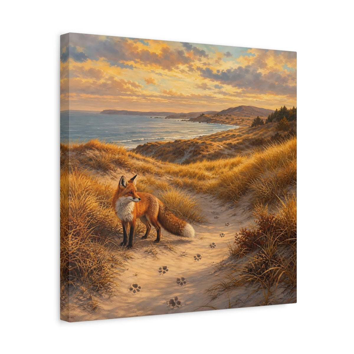 Side Mockup 6. Nature Fox Warm Coastal Fox shown as stretched canvas wall art