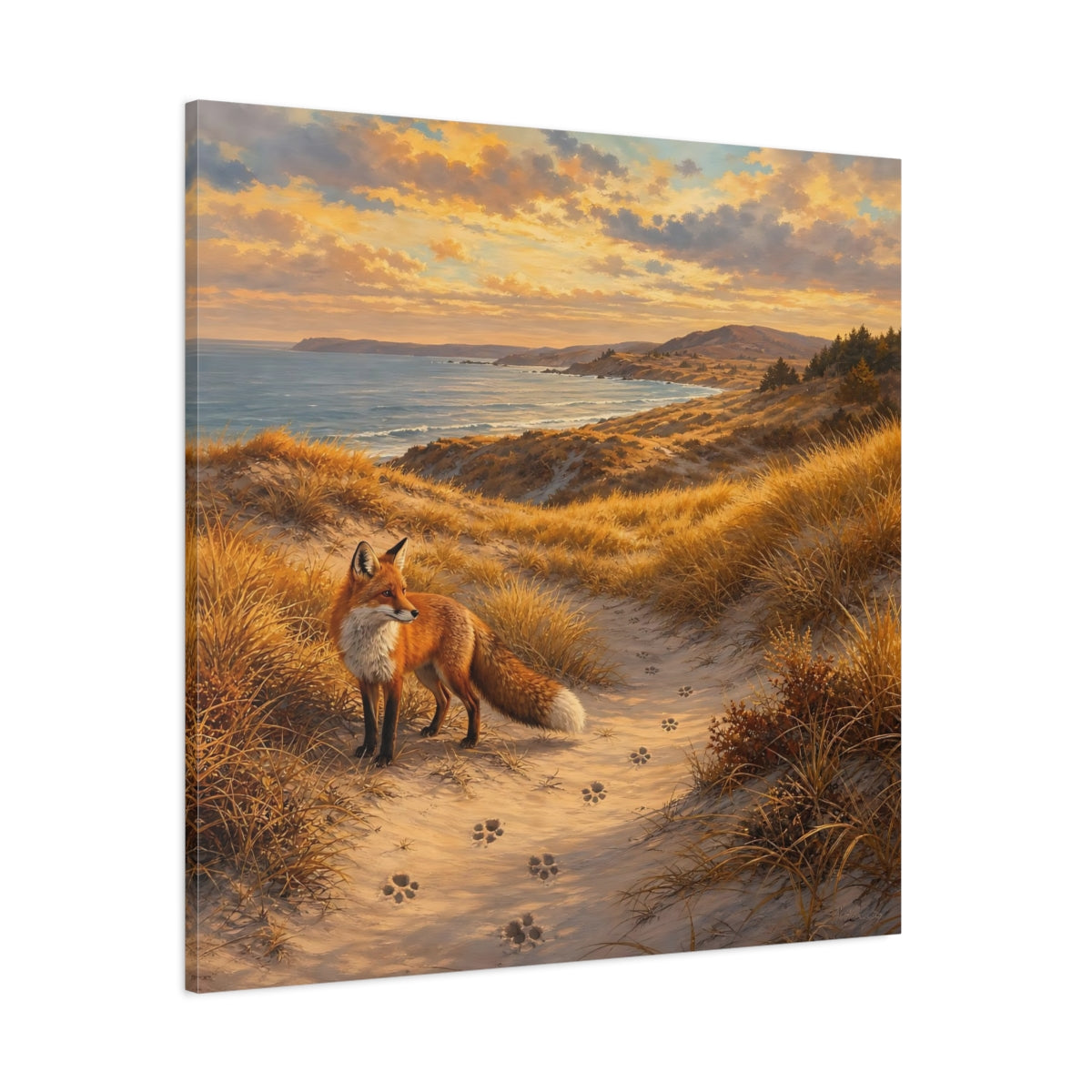 Side Mockup 1. Nature Fox Warm Coastal Fox shown as stretched canvas wall art
