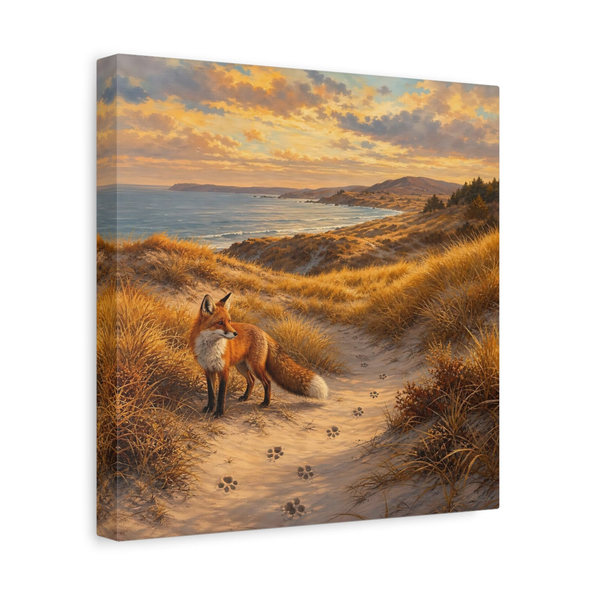 Side Mockup 8. Nature Fox Warm Coastal Fox shown as stretched canvas wall art