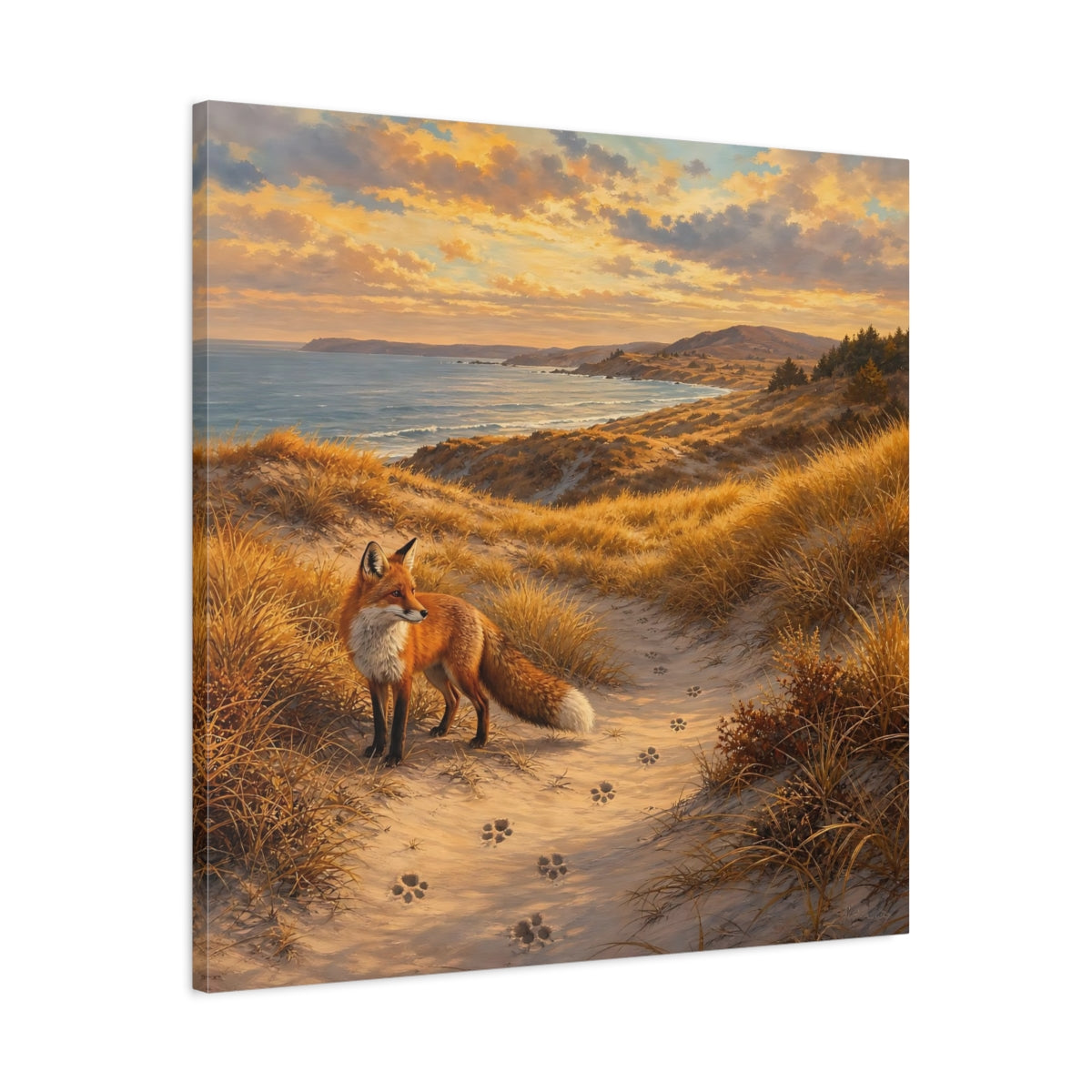 Side Mockup 3. Nature Fox Warm Coastal Fox shown as stretched canvas wall art