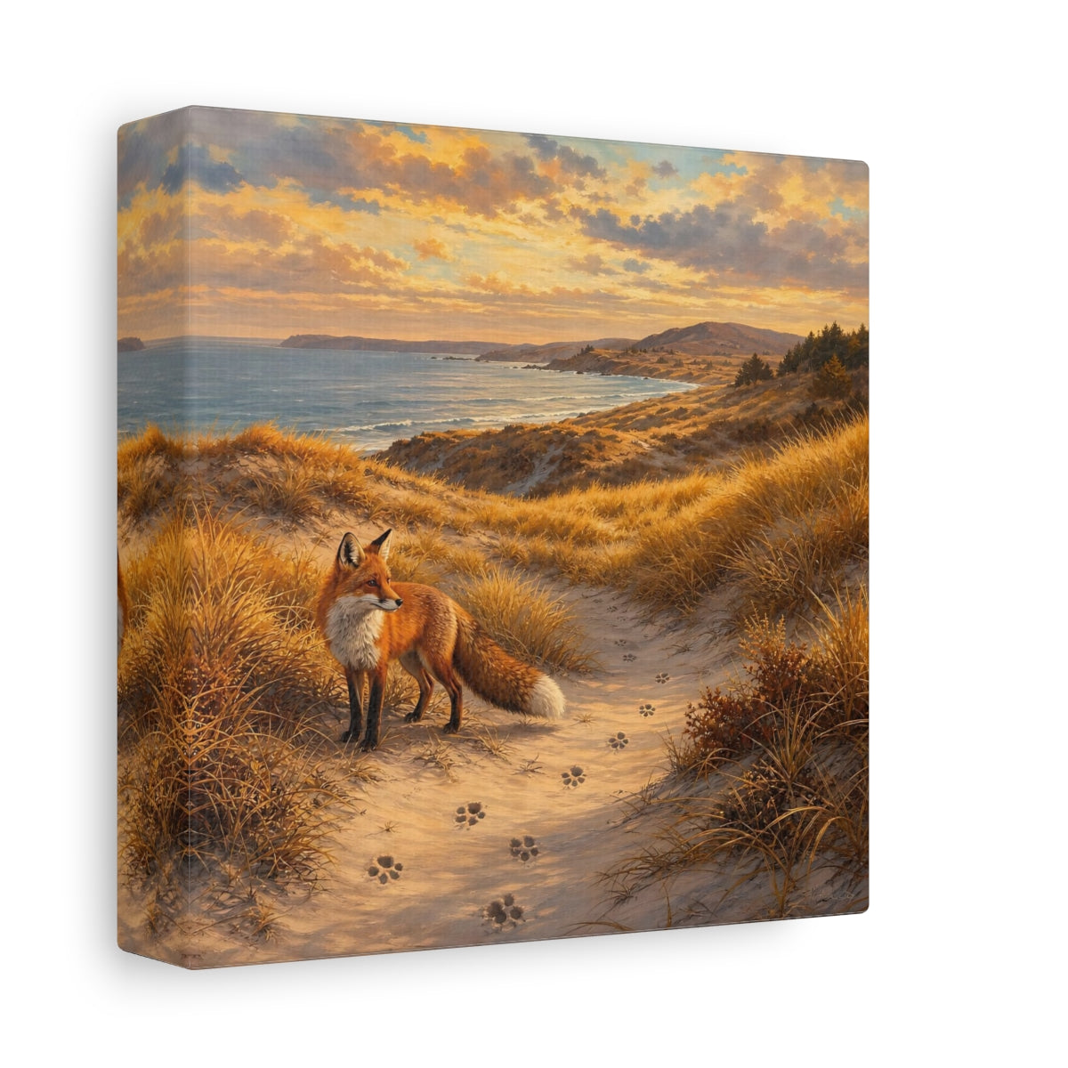 Side Mockup 2. Nature Fox Warm Coastal Fox shown as stretched canvas wall art