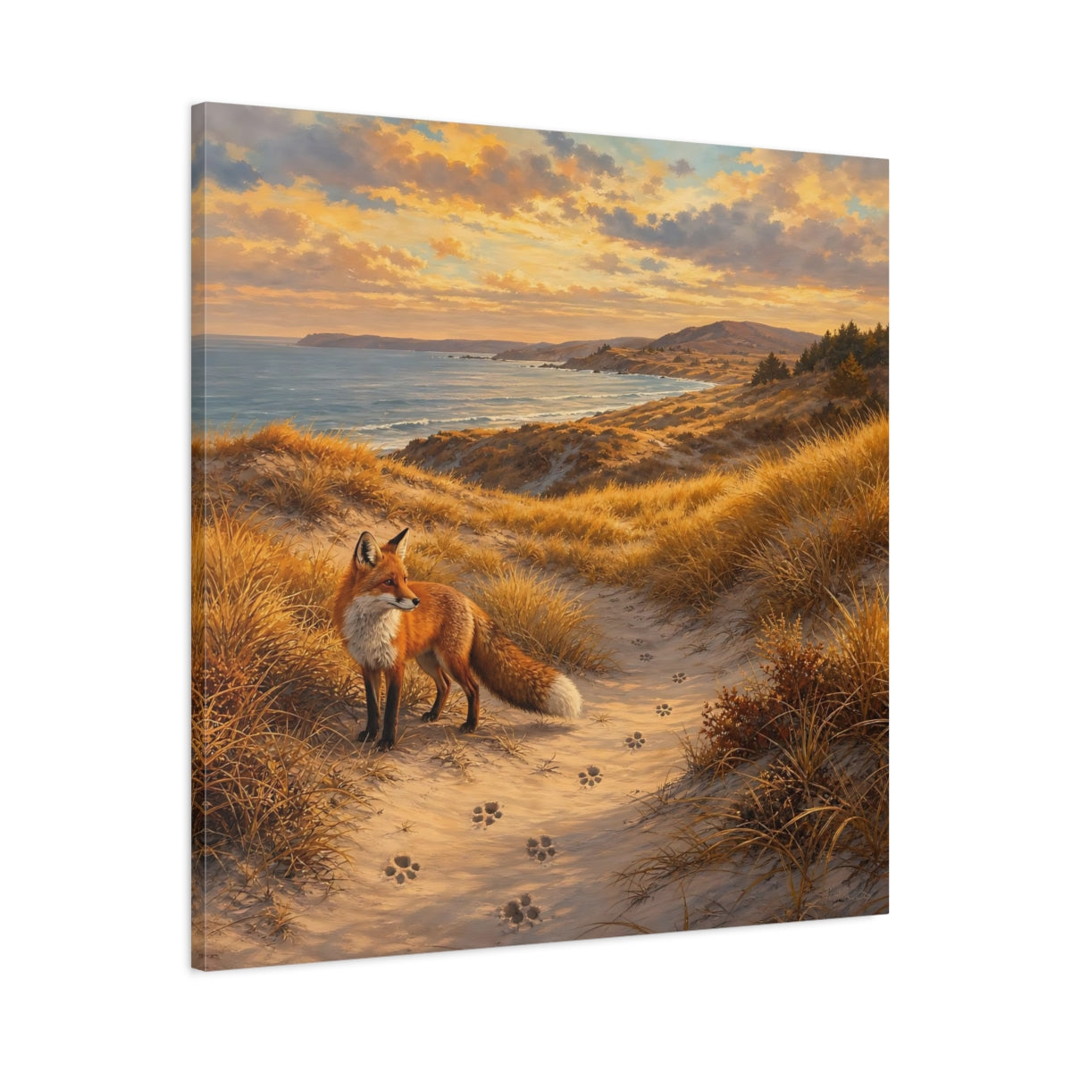 Main Mockup. Nature Fox Warm Coastal Fox shown as stretched canvas wall art