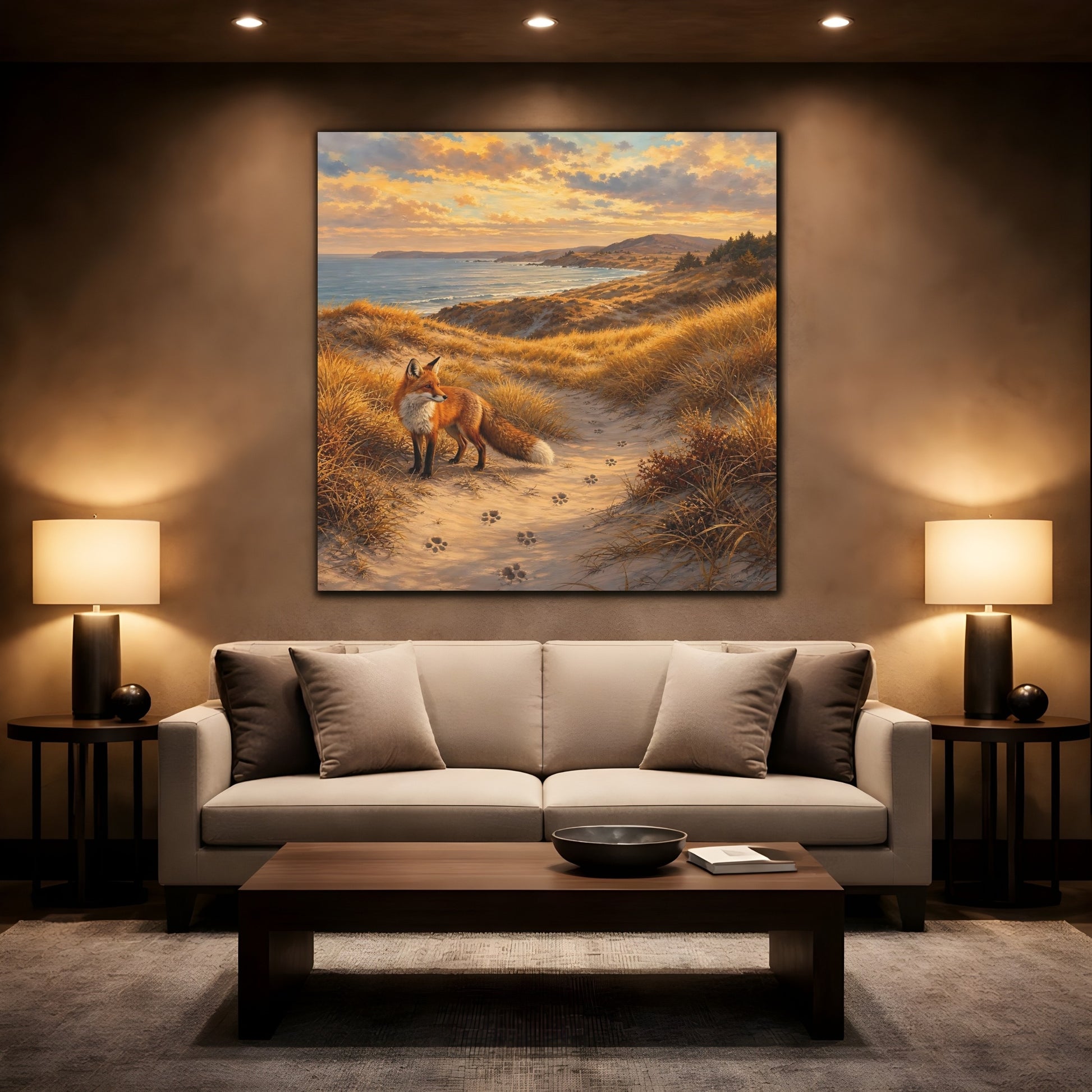 Mockup 2. Nature Fox Warm Coastal Fox shown as stretched canvas wall art