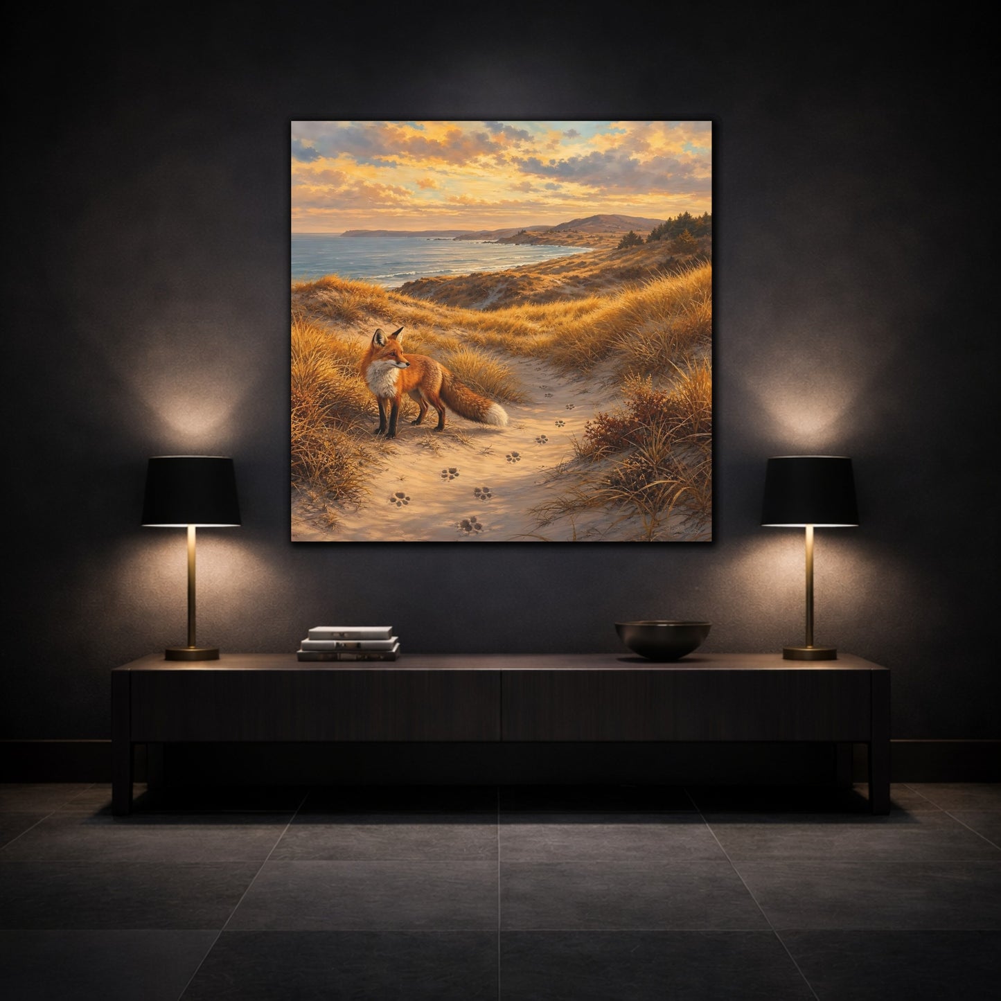 Mockup 3. Nature Fox Warm Coastal Fox shown as stretched canvas wall art